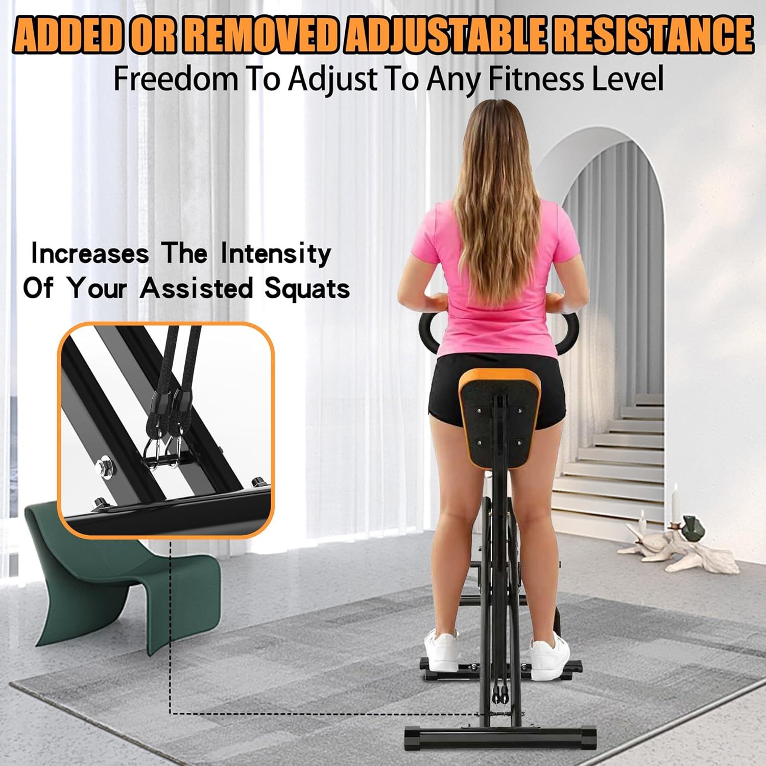 Foldable Assisted Squat Trainer with Resistance Bands, Black detail image 3