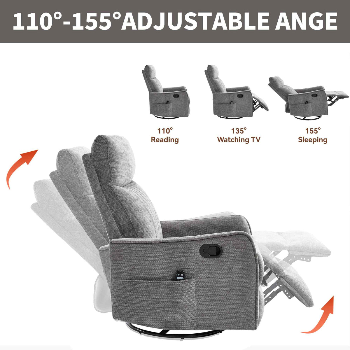 Heat Massage Manual Recliner Chair with Rocker and Swivel in Fabric for Living detail image 5
