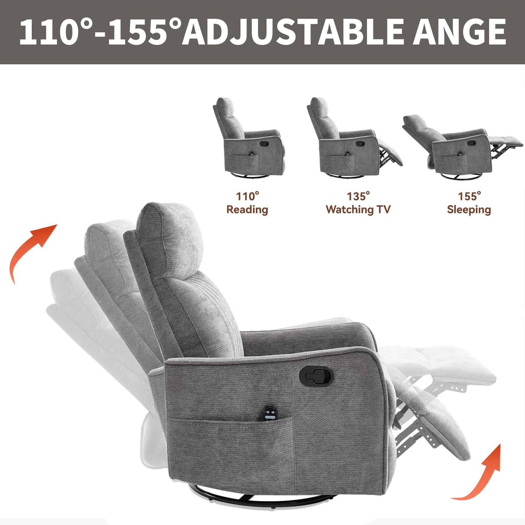 Heat Massage Manual Recliner Chair with Rocker and Swivel in Fabric for Living detail image 5