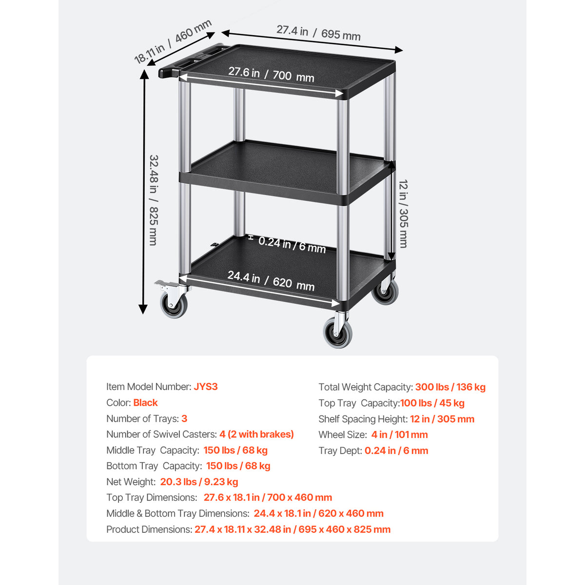 Heavy-Duty Rolling Utility Service Cart with 360° Swivel Wheels for workshop, garage, storage, or utility use