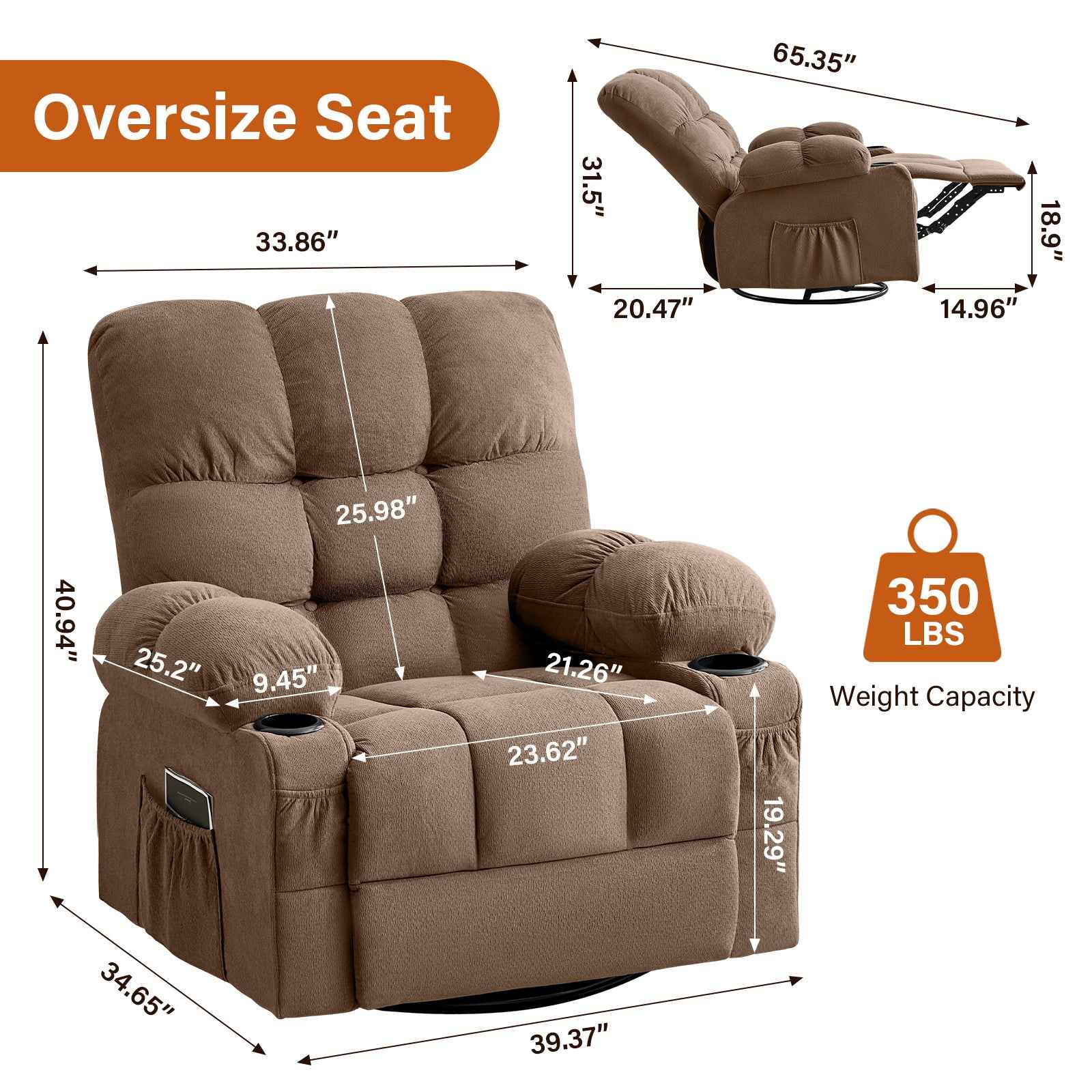 Massage Swivel Rocker Recliner Chair with Vibration, Lumbar Heating, Side Pocket detail image 9