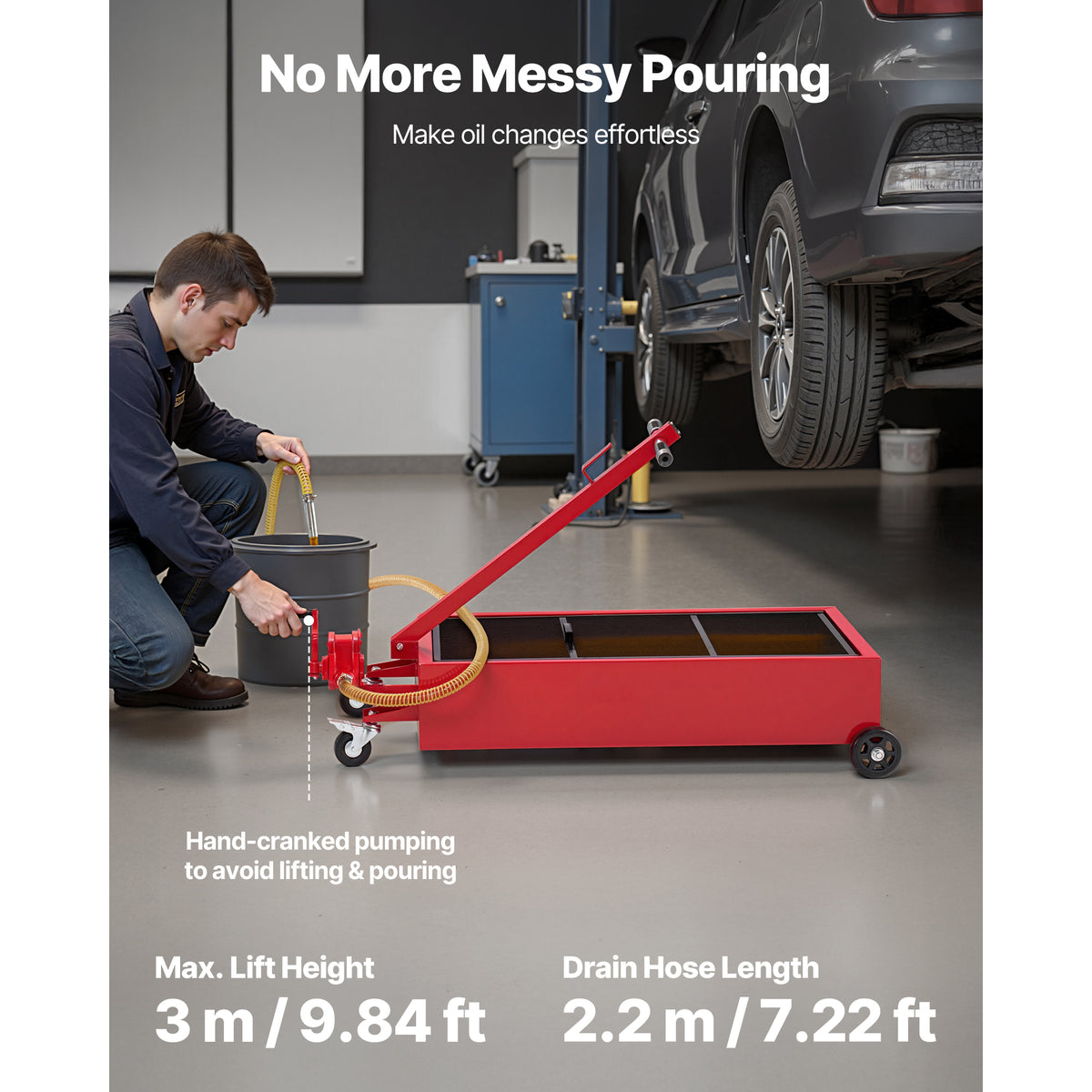 Low-Profile Rolling Oil Drain Pan with Manual Pump for workshop, garage, storage, or utility use