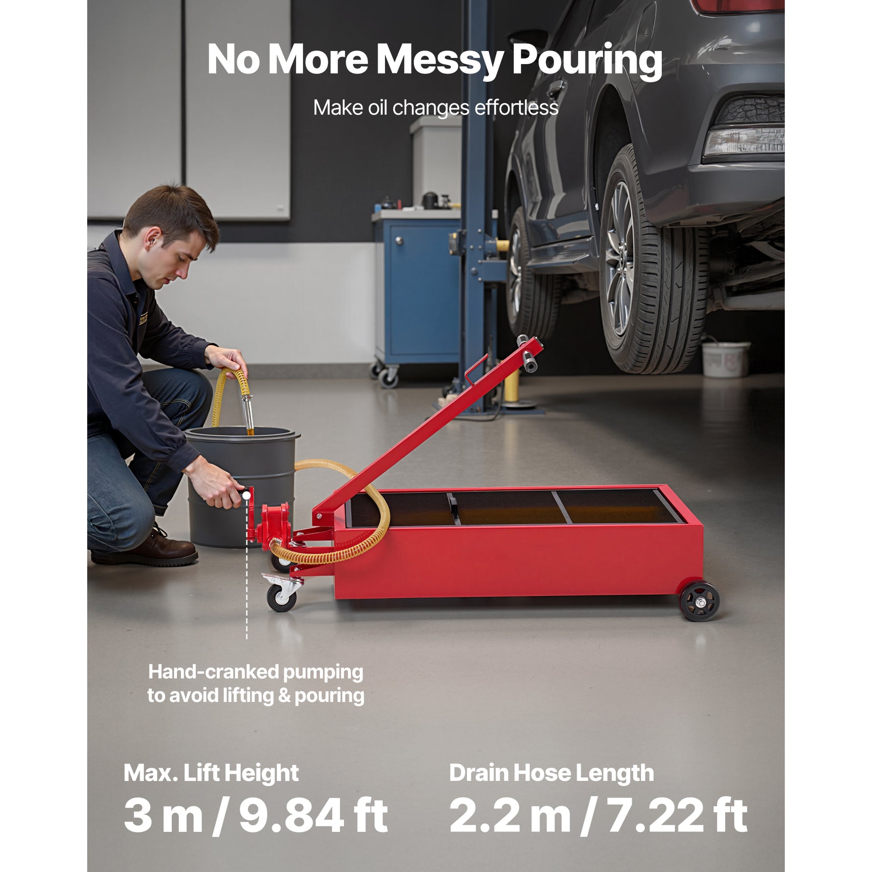 Low-Profile Rolling Oil Drain Pan with Manual Pump for workshop, garage, storage, or utility use