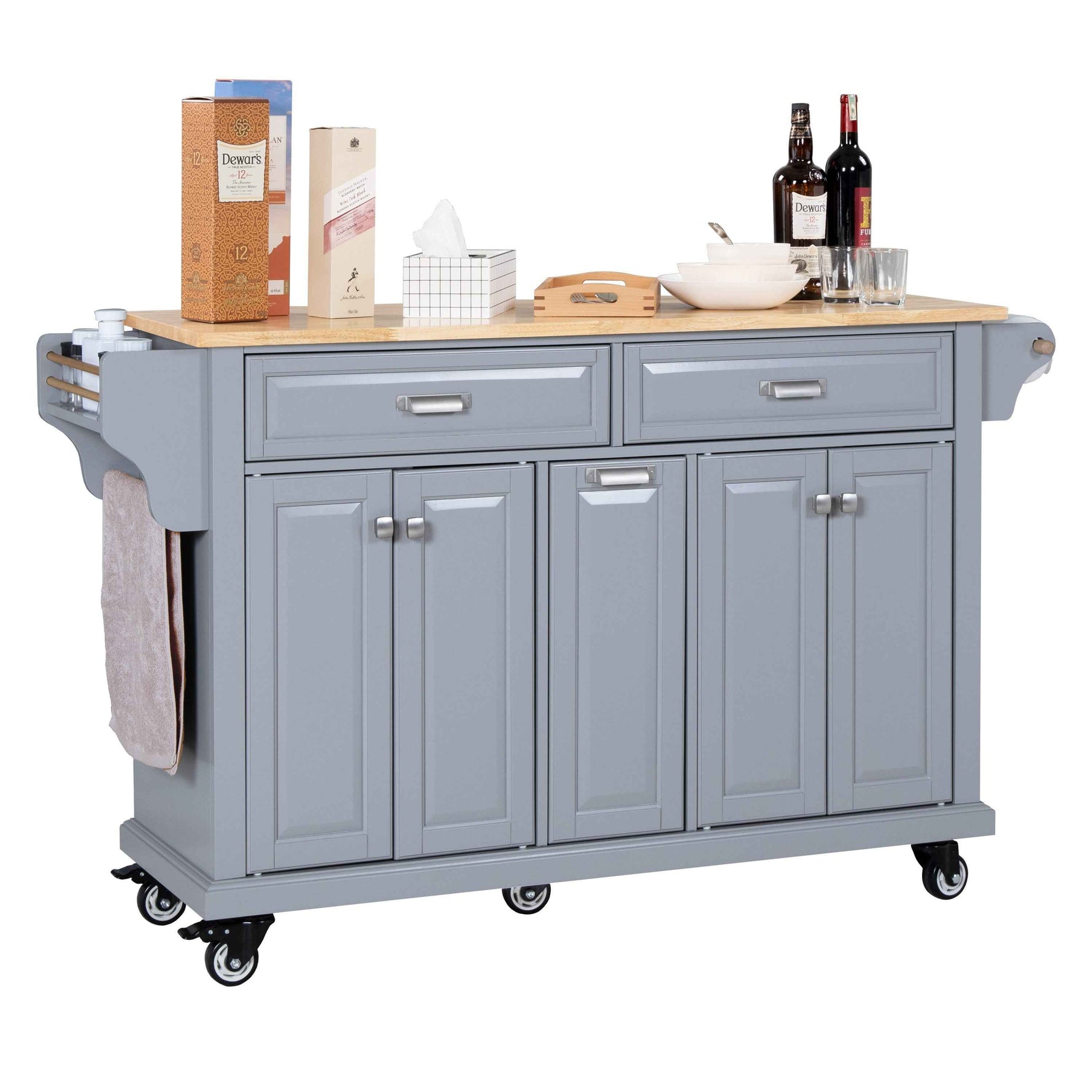 Rubberwood Drop-Leaf Kitchen Cart with 3 Drawers product view 32