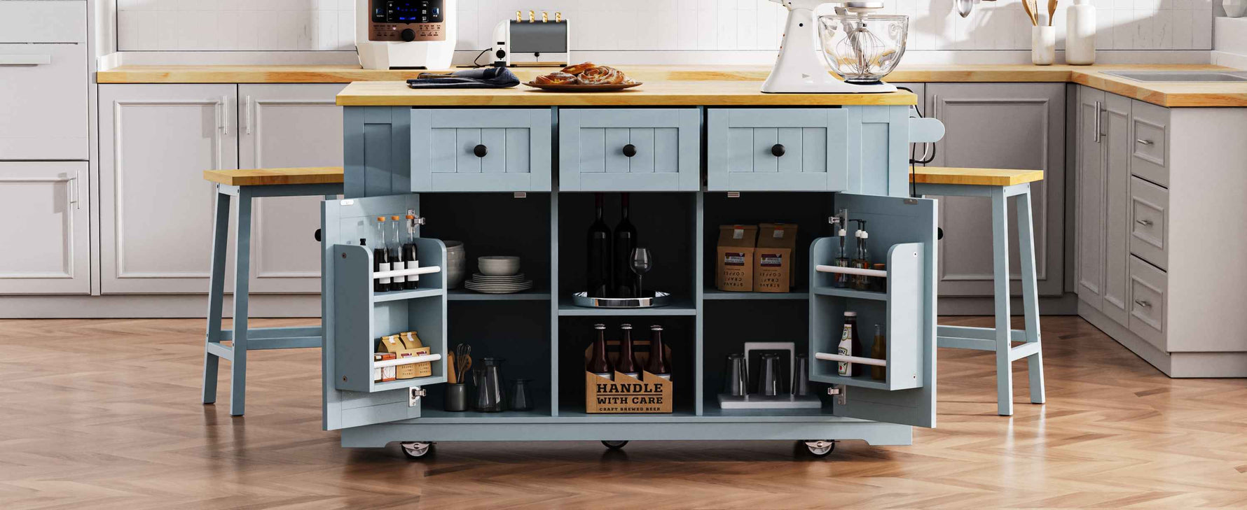 53 in. Farmhouse Kitchen Island with Power Outlet & Stools product view 87