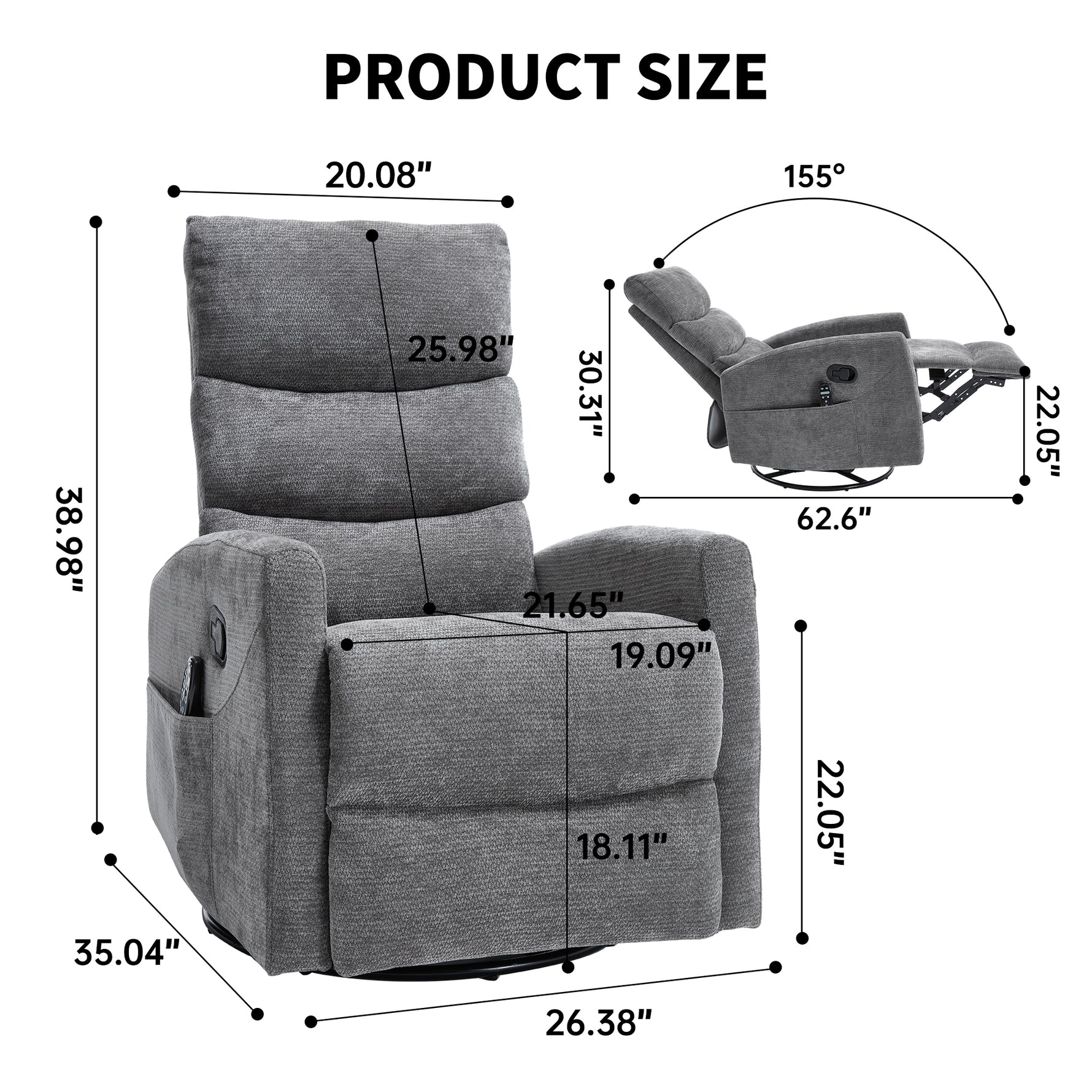 Heat Massage Manual Recliner Chair with Rocker and Swivel in Fabric for Living Room detail image 44
