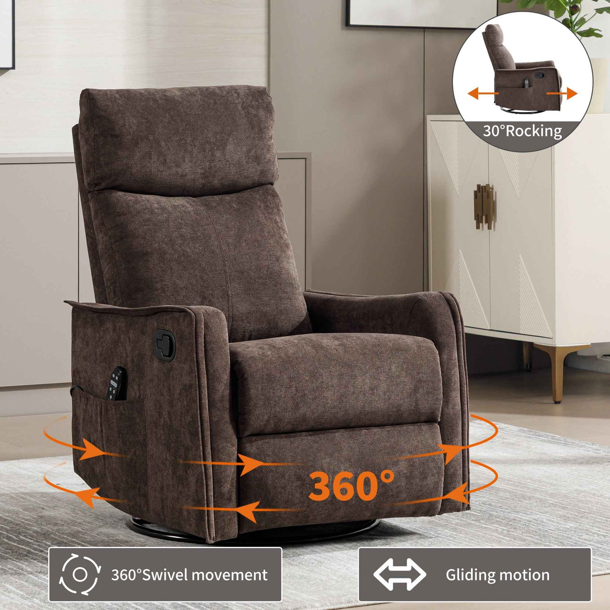 Heat Massage Manual Recliner Chair with Rocker and Swivel in Fabric for Living detail image 23