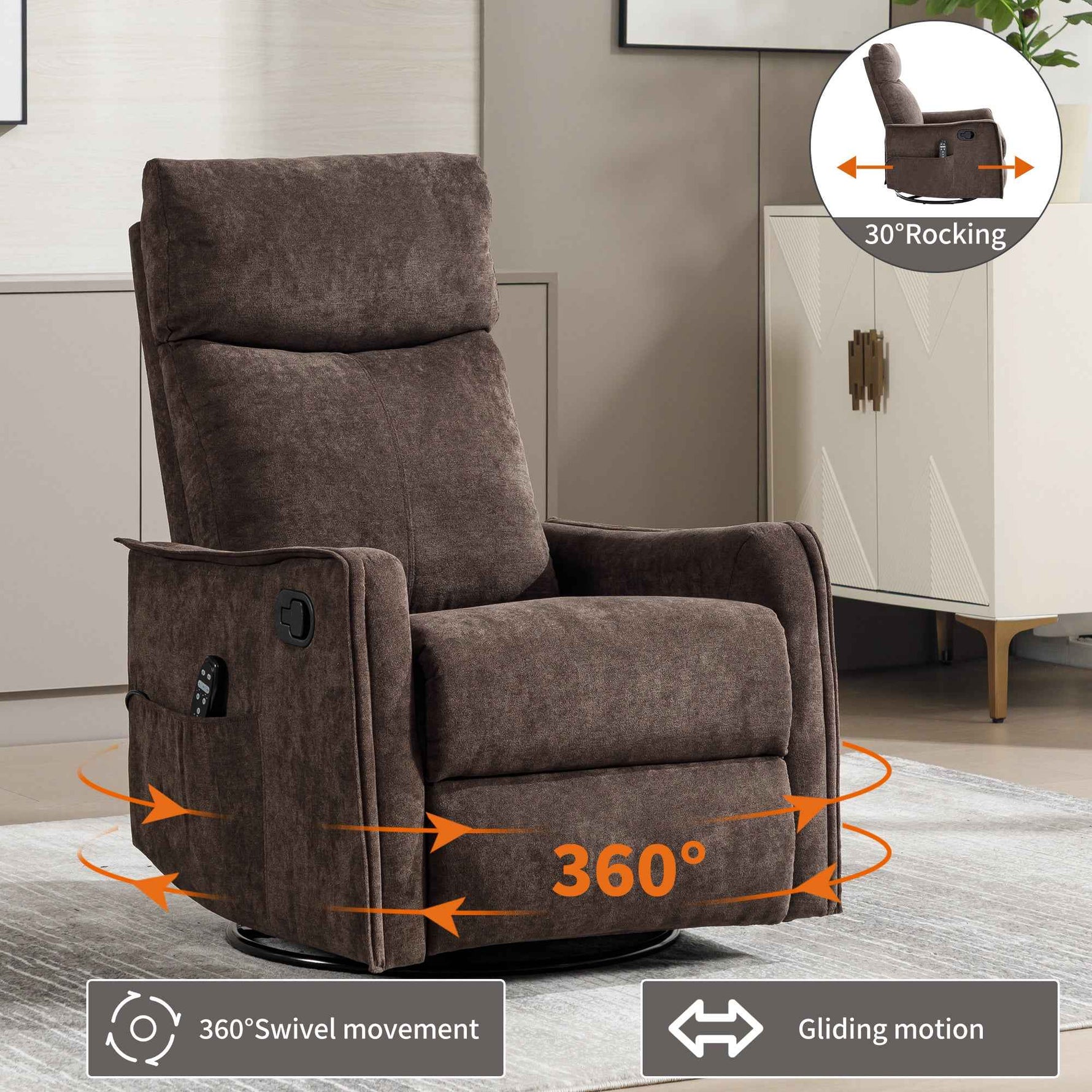Heat Massage Manual Recliner Chair with Rocker and Swivel in Fabric for Living detail image 23