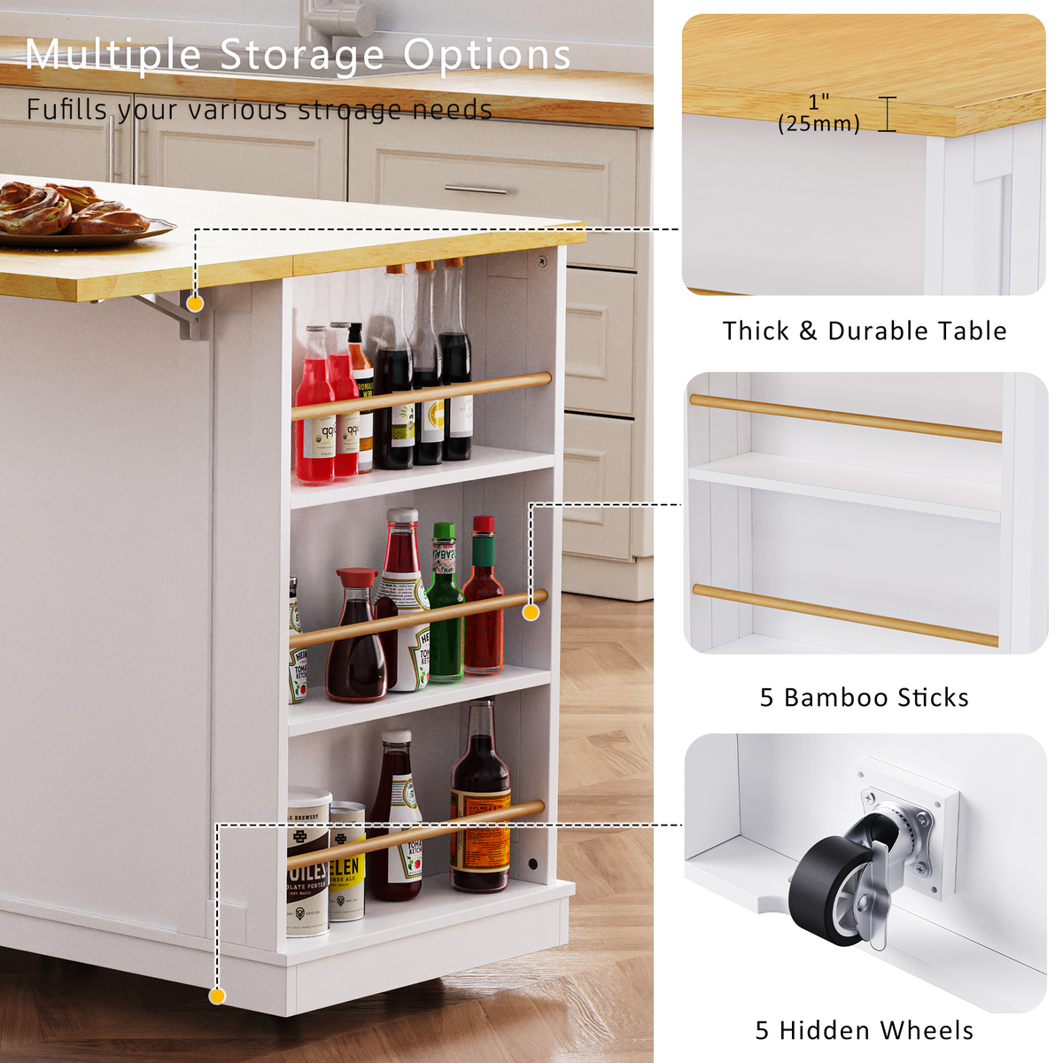 53 in. Farmhouse Kitchen Island with Power Outlet & Stools product view 28