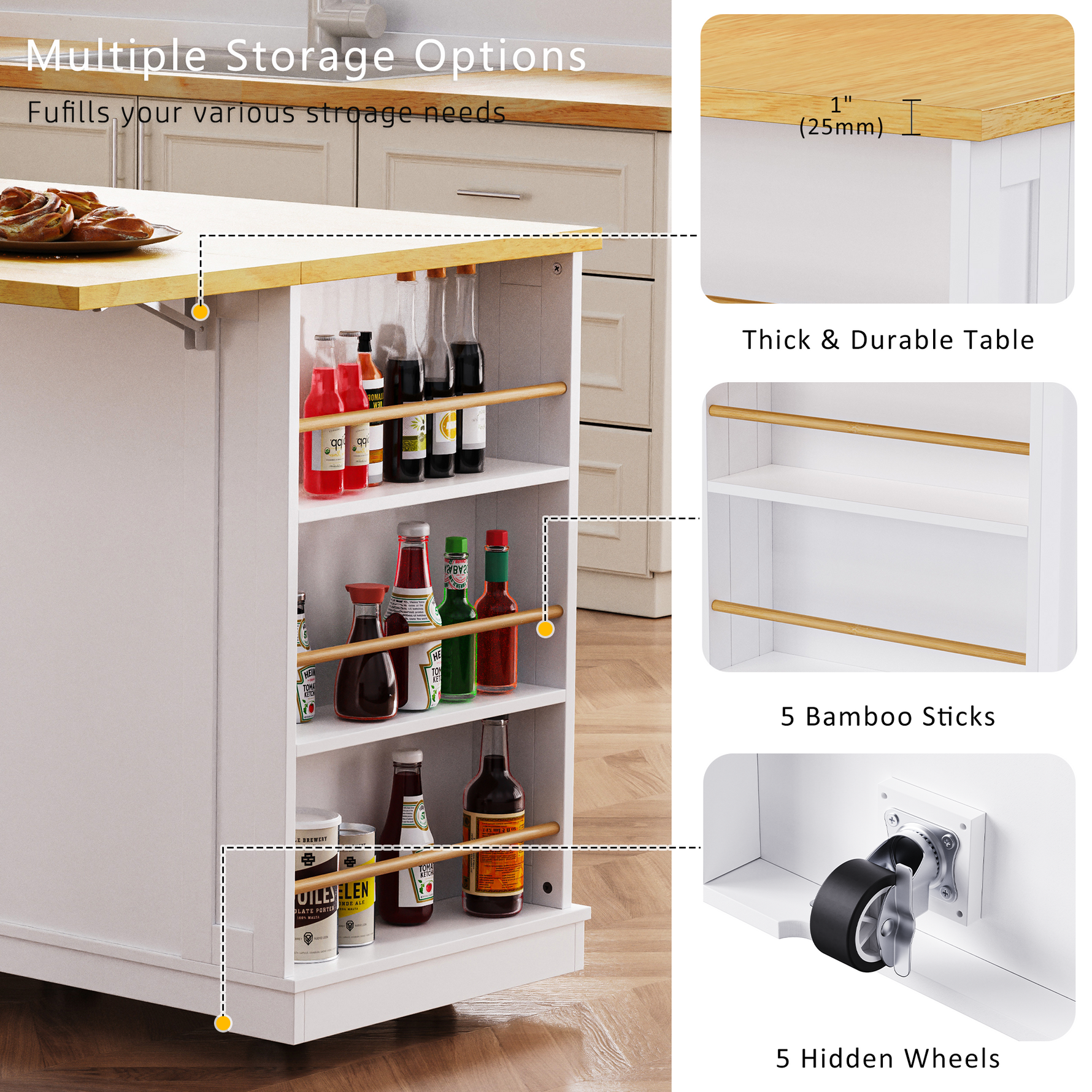 53 in. Farmhouse Kitchen Island with Power Outlet & Stools product view 28