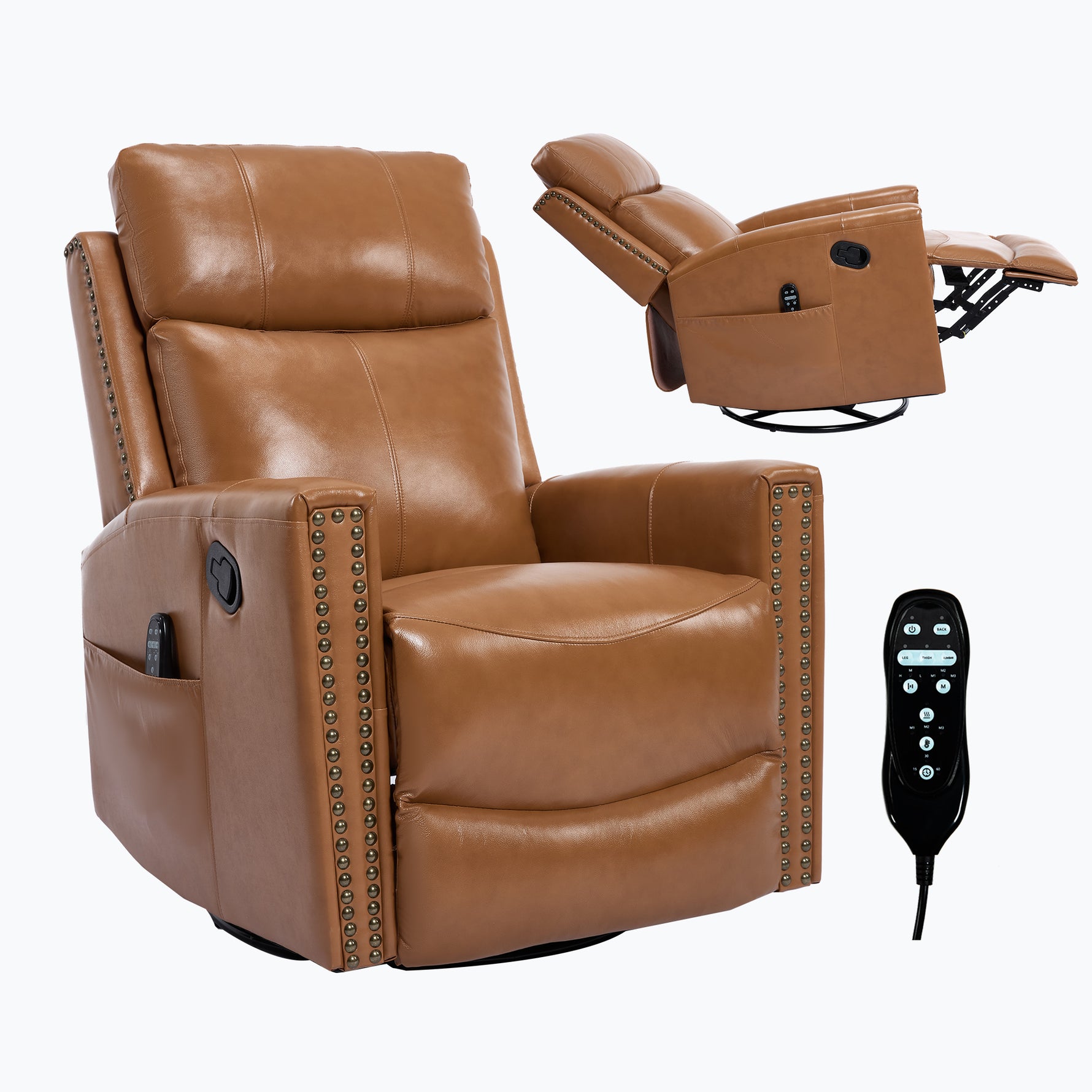 Genuine Leather Heat Massage Manual Recliner Chair with Rocker and Swivel for Living Room detail image 68