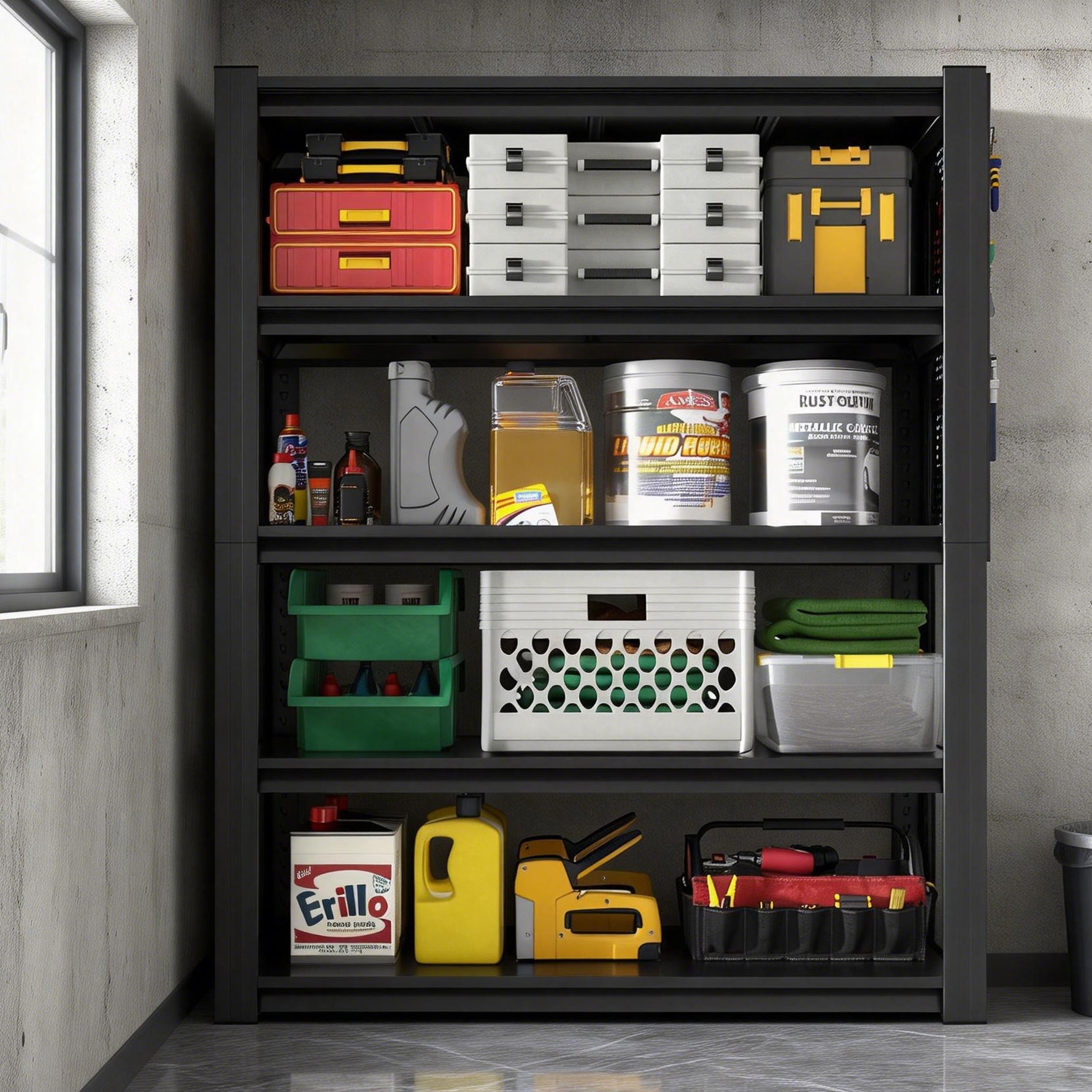 Industrial Heavy-Duty Metal 5-Tier Adjustable Shelving Unit with Pegboard for workshop, garage, storage, or utility use