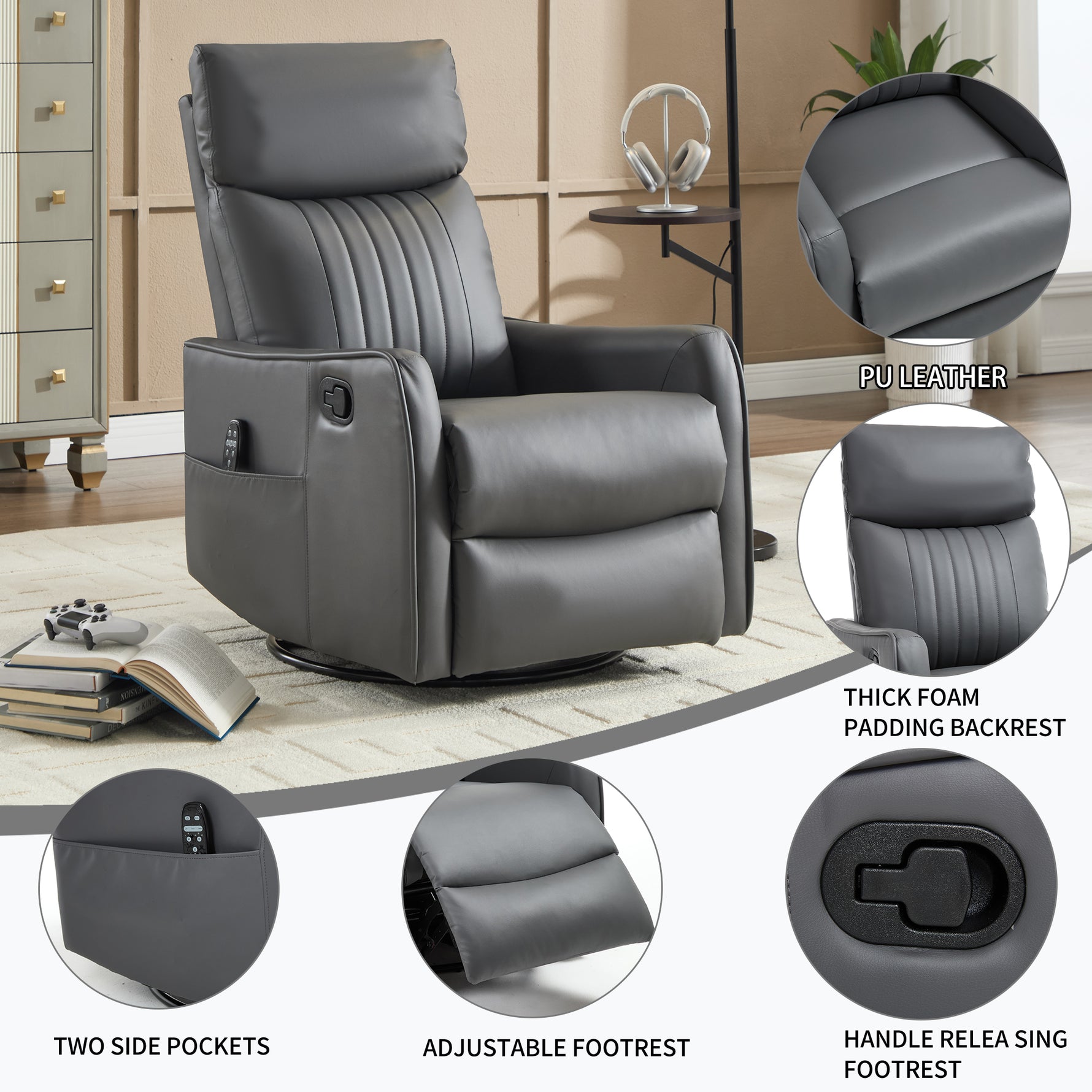 Faux Leather Heat & Massage Manual Rocker Swivel Recliner detail image 10