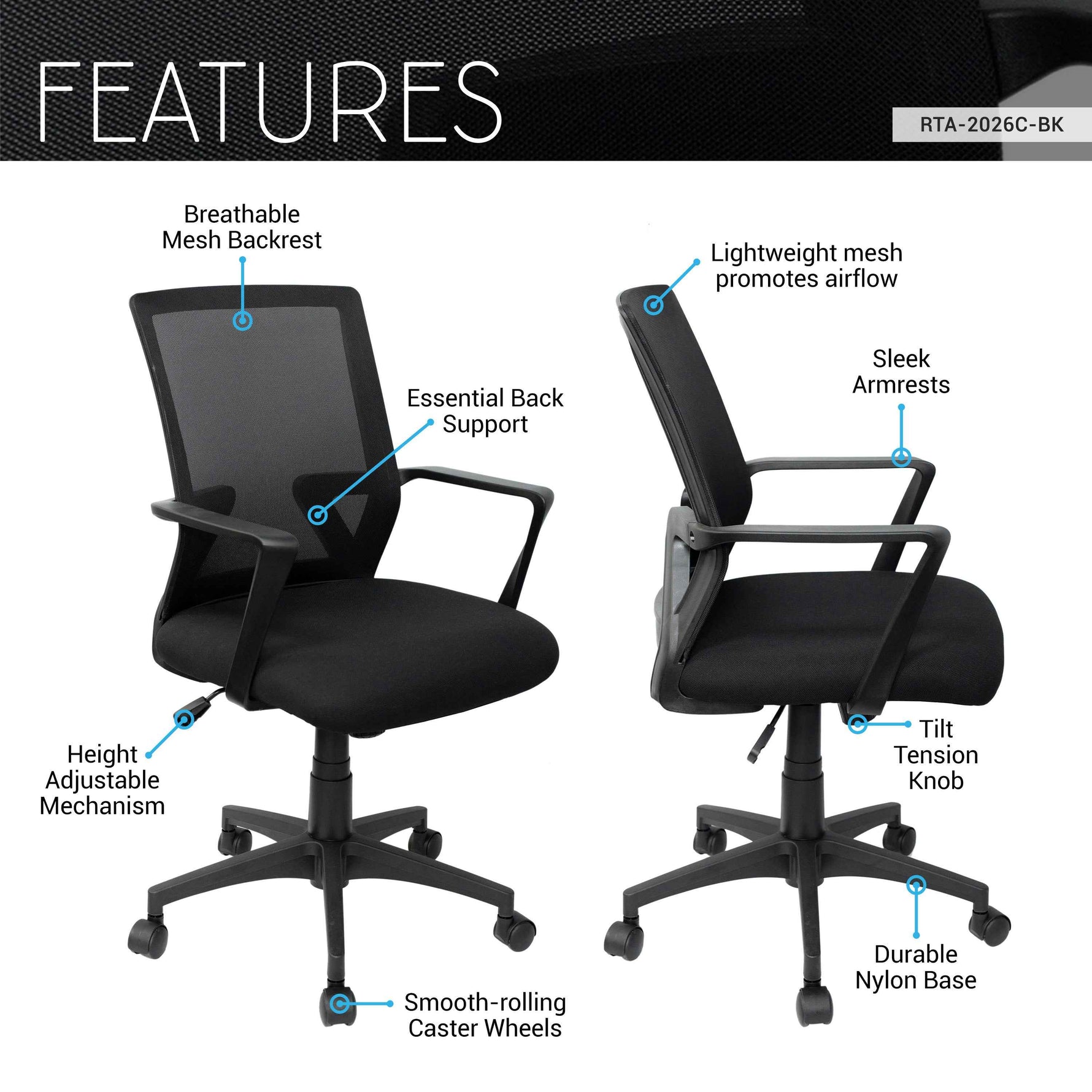 Techni Mobili Ergonomic Mesh Task Chair, Black for home office seating