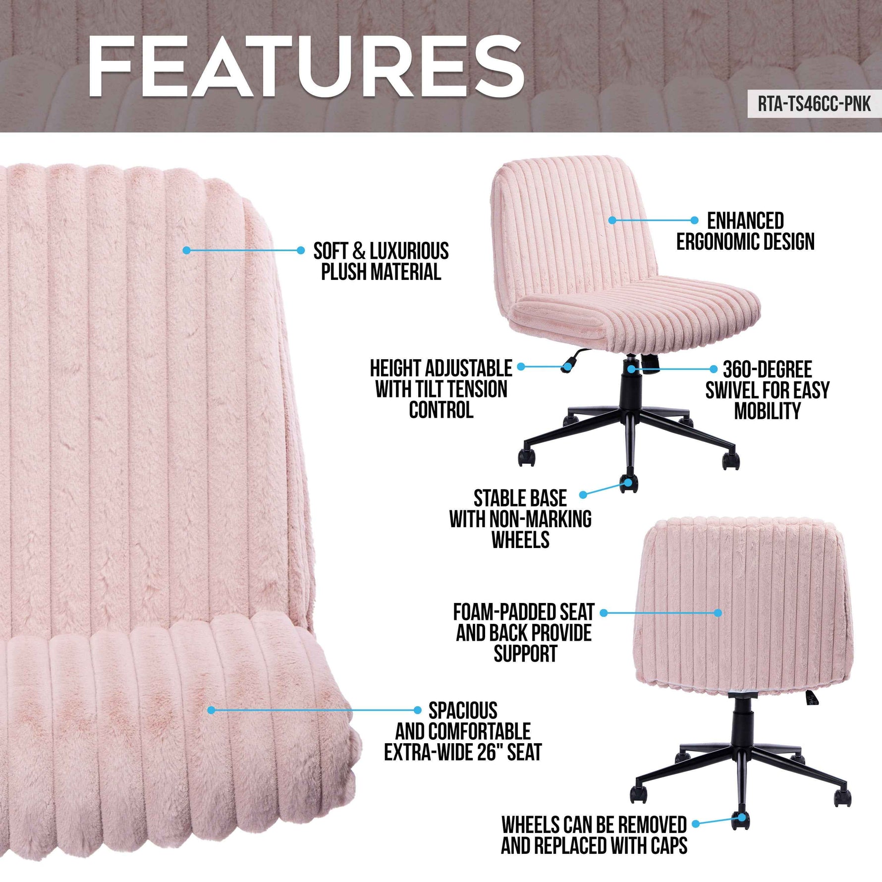 Techni Sport pink criss cross office chair with wide padded seat and rolling base