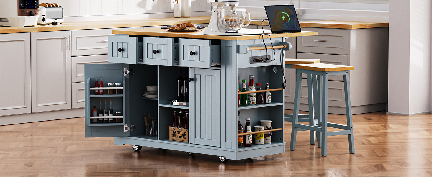 53 in. Farmhouse Kitchen Island with Power Outlet & Stools product view 88