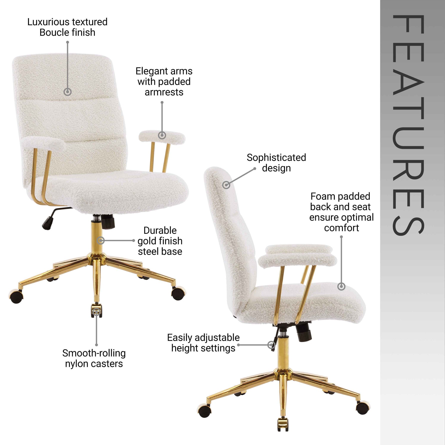 Textured Boucle Gold Office Chair with Padded Arms workspace desk setup