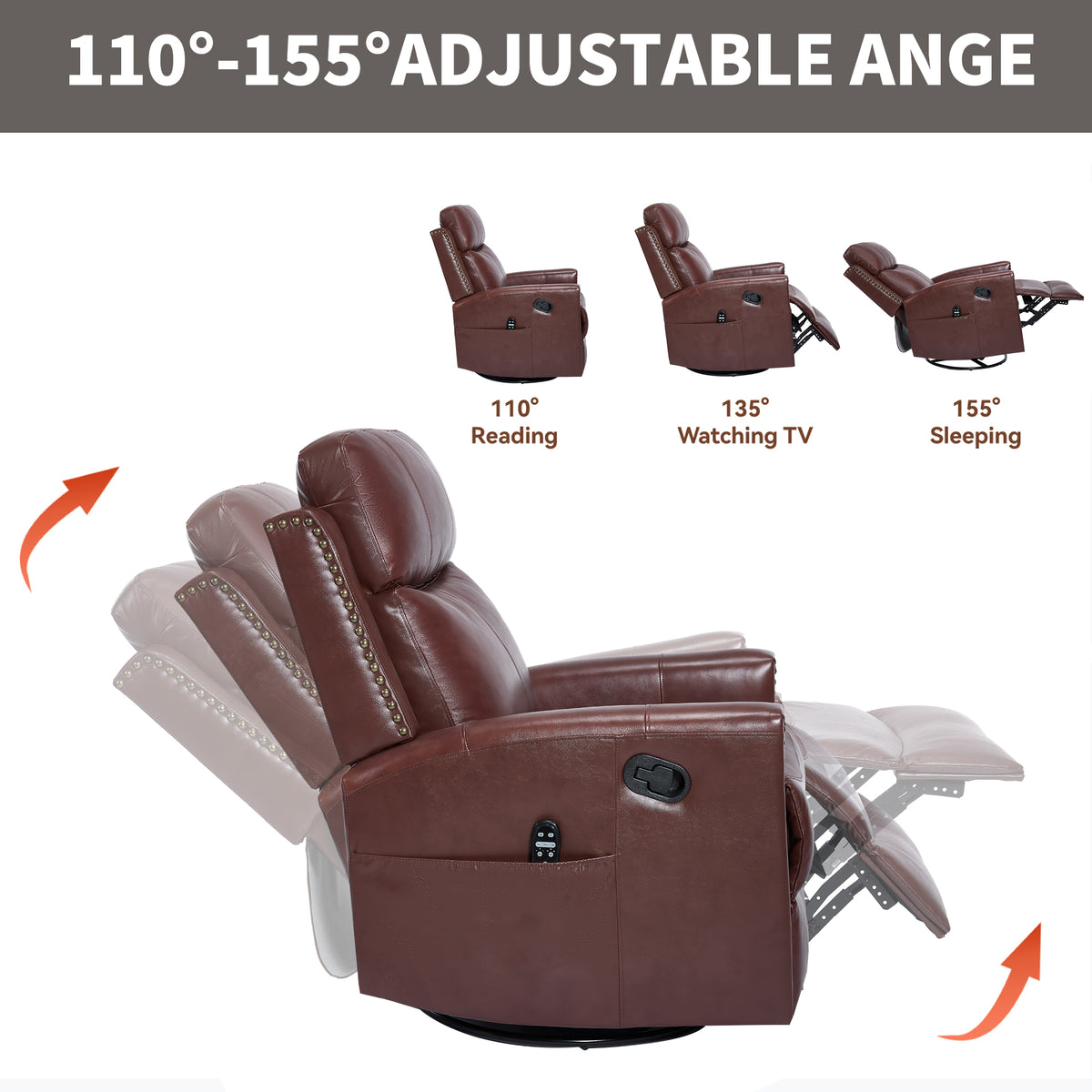 Genuine Leather Heat Massage Manual Recliner Chair with Rocker and Swivel for Living Room detail image 24