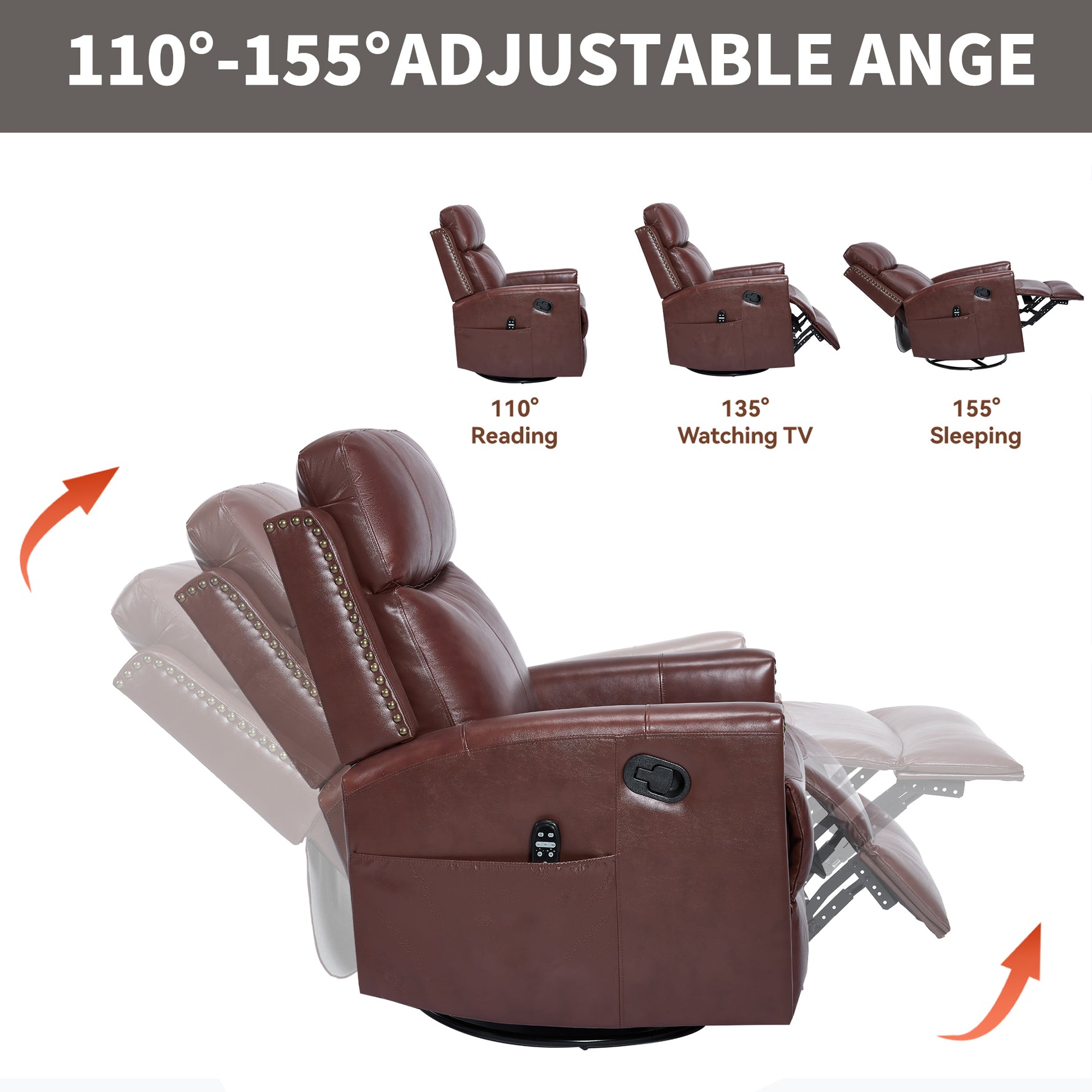 Genuine Leather Heat Massage Manual Recliner Chair with Rocker and Swivel for Living Room detail image 24