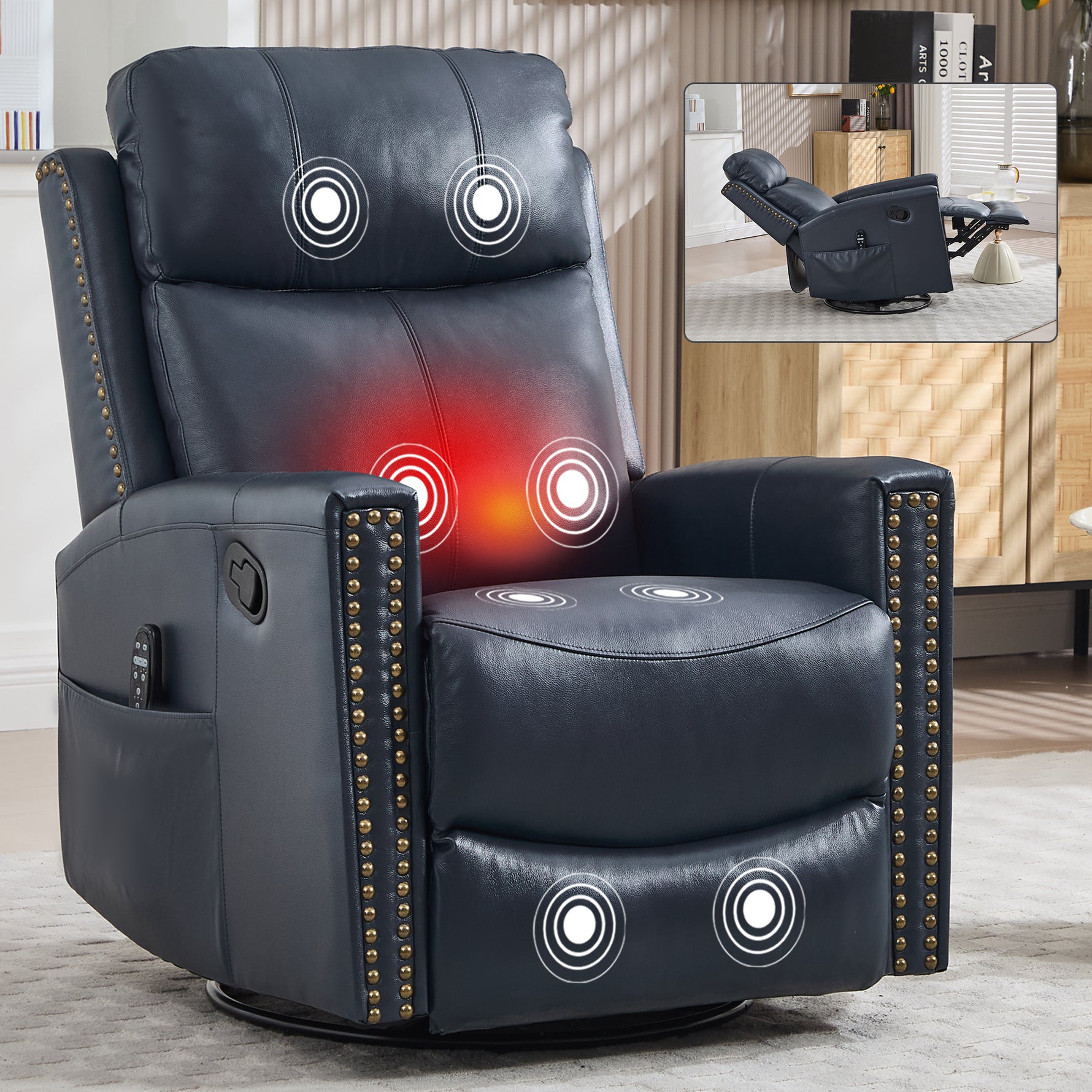 Genuine Leather Heat Massage Manual Recliner Chair with Rocker and Swivel for Living Room detail image 48