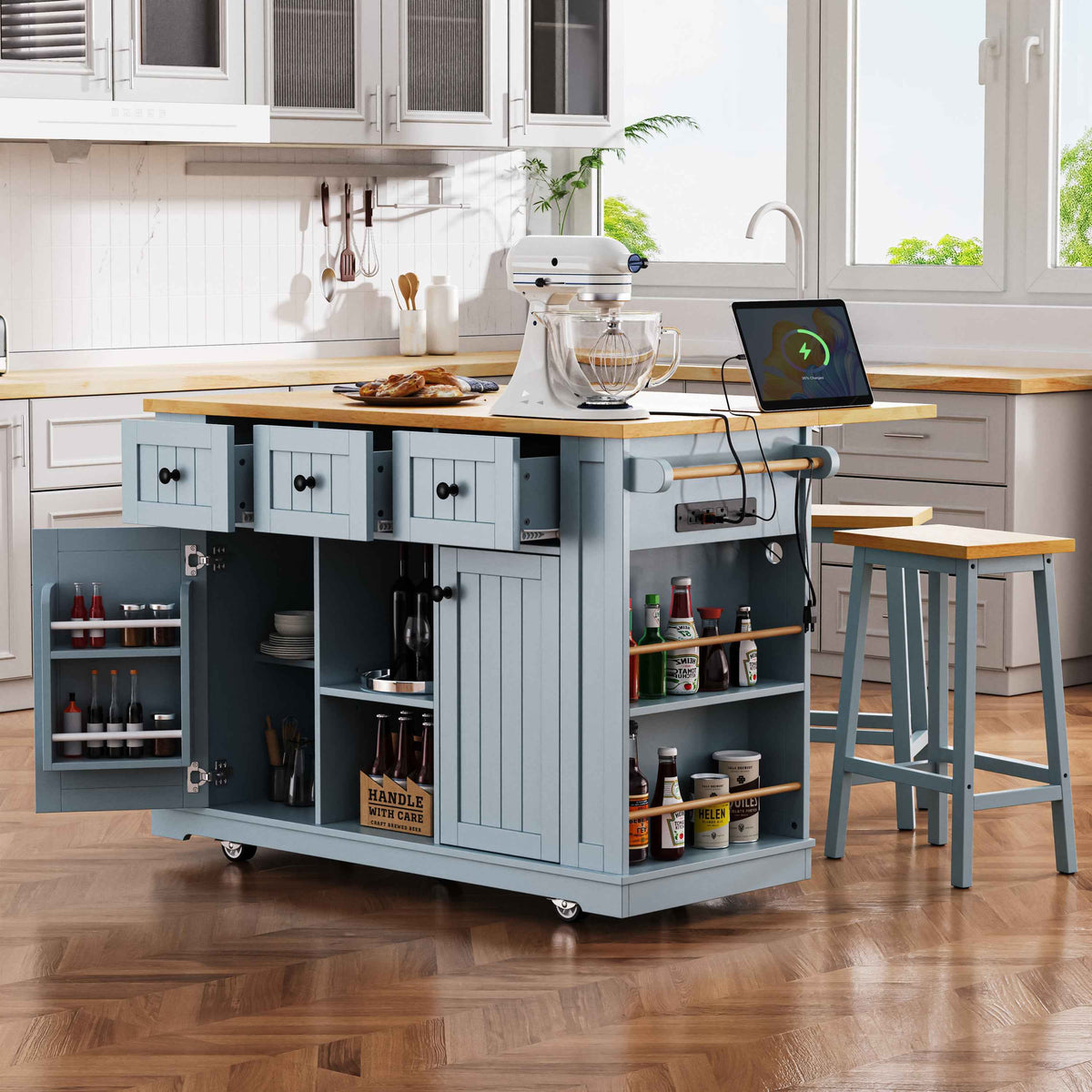 53 in. Farmhouse Kitchen Island with Power Outlet & Stools product view 59