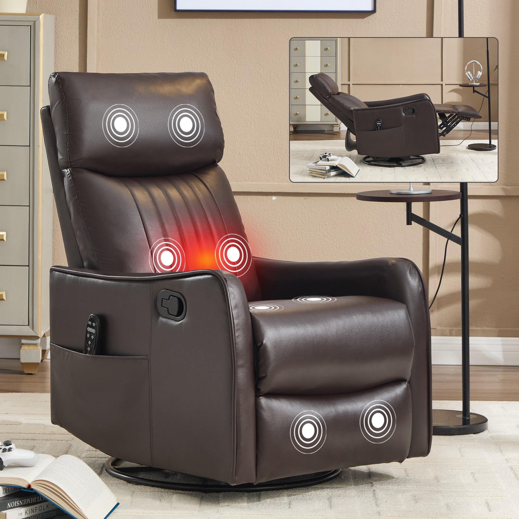 Faux Leather Heat Massage Manual Recliner Chair with Rocker and Swivel for Living Room detail image 30