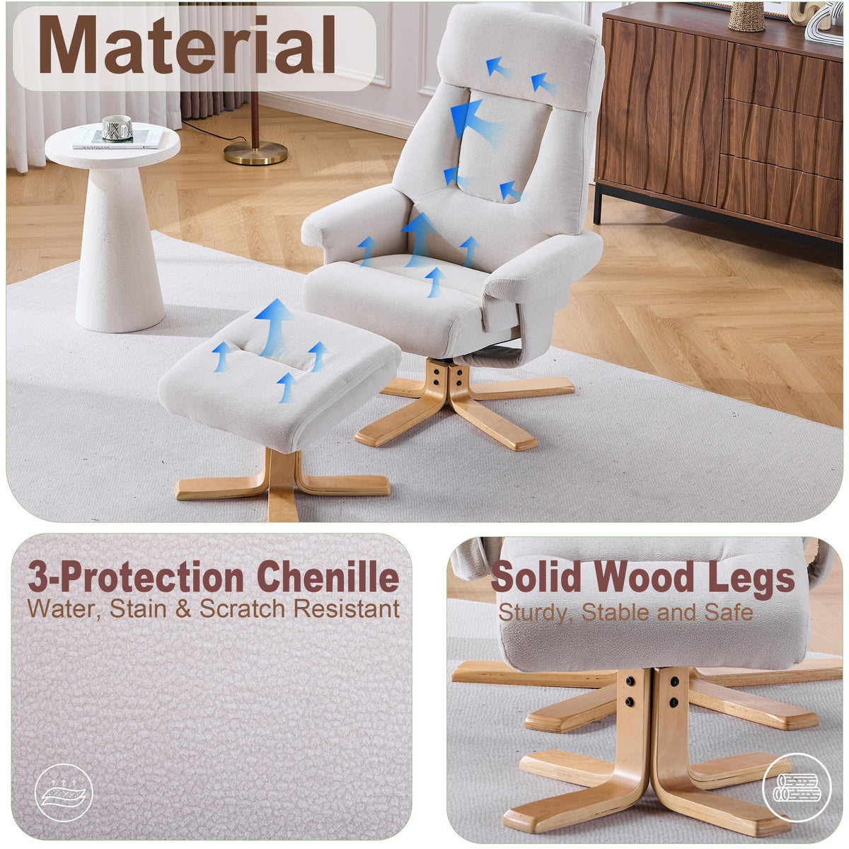 Modern Heated Massage 360° Swivel Recliner Accent Chair with Ottoman, Ergonomic detail image 7