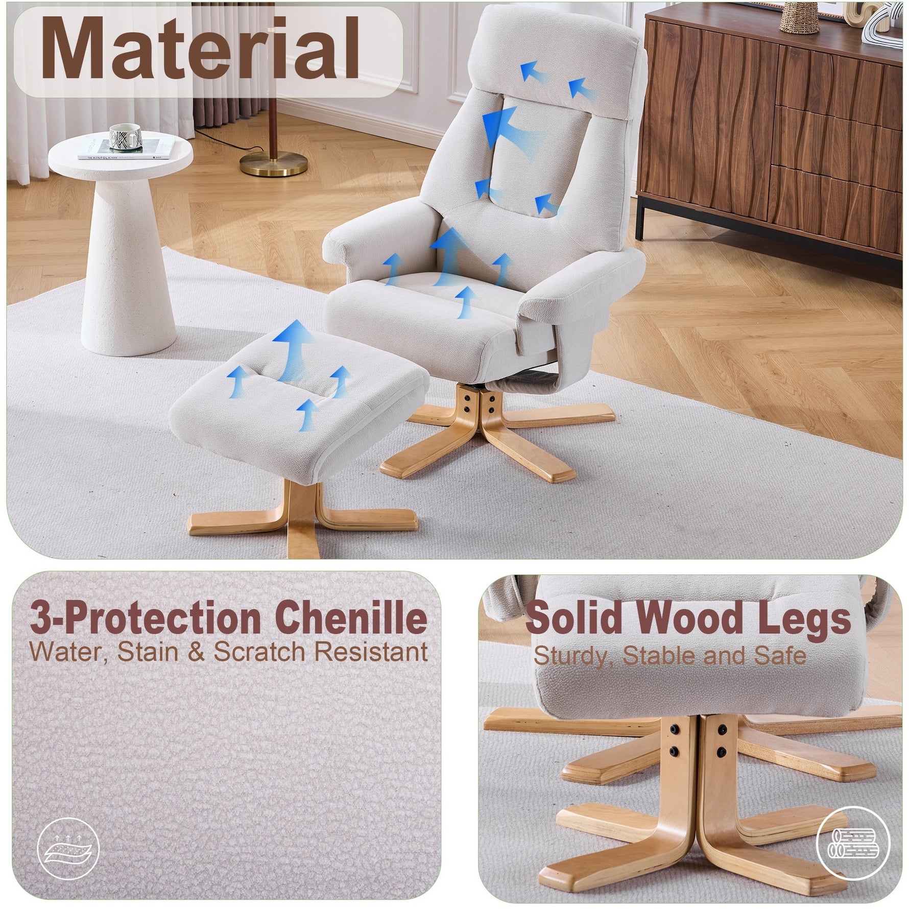 Modern Heated Massage 360° Swivel Recliner Accent Chair with Ottoman, Ergonomic detail image 7