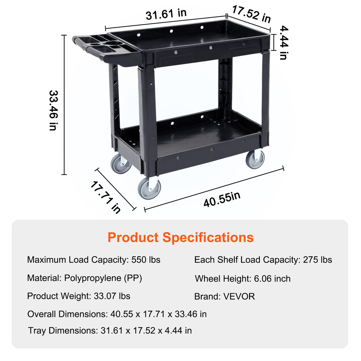 Heavy-Duty Rolling Utility Service Cart with 360° Swivel Wheels for workshop, garage, storage, or utility use