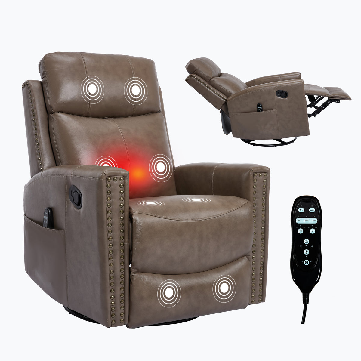 Genuine Leather Heat Massage Manual Recliner Chair with Rocker and Swivel for Living Room detail image 85