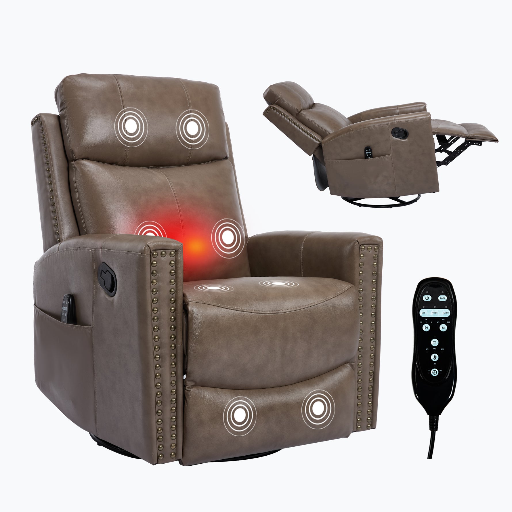 Genuine Leather Heat Massage Manual Recliner Chair with Rocker and Swivel for Living Room detail image 85