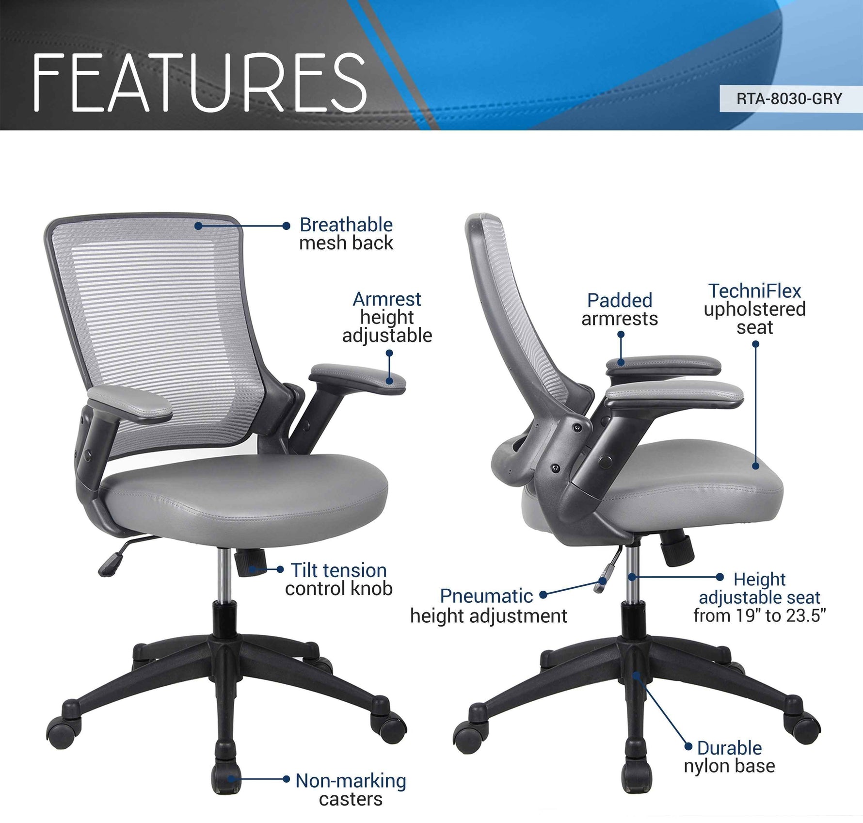 Techni Mobili Mid-Back Mesh Task Office Chair with Height Adjustable Arms for home office seating