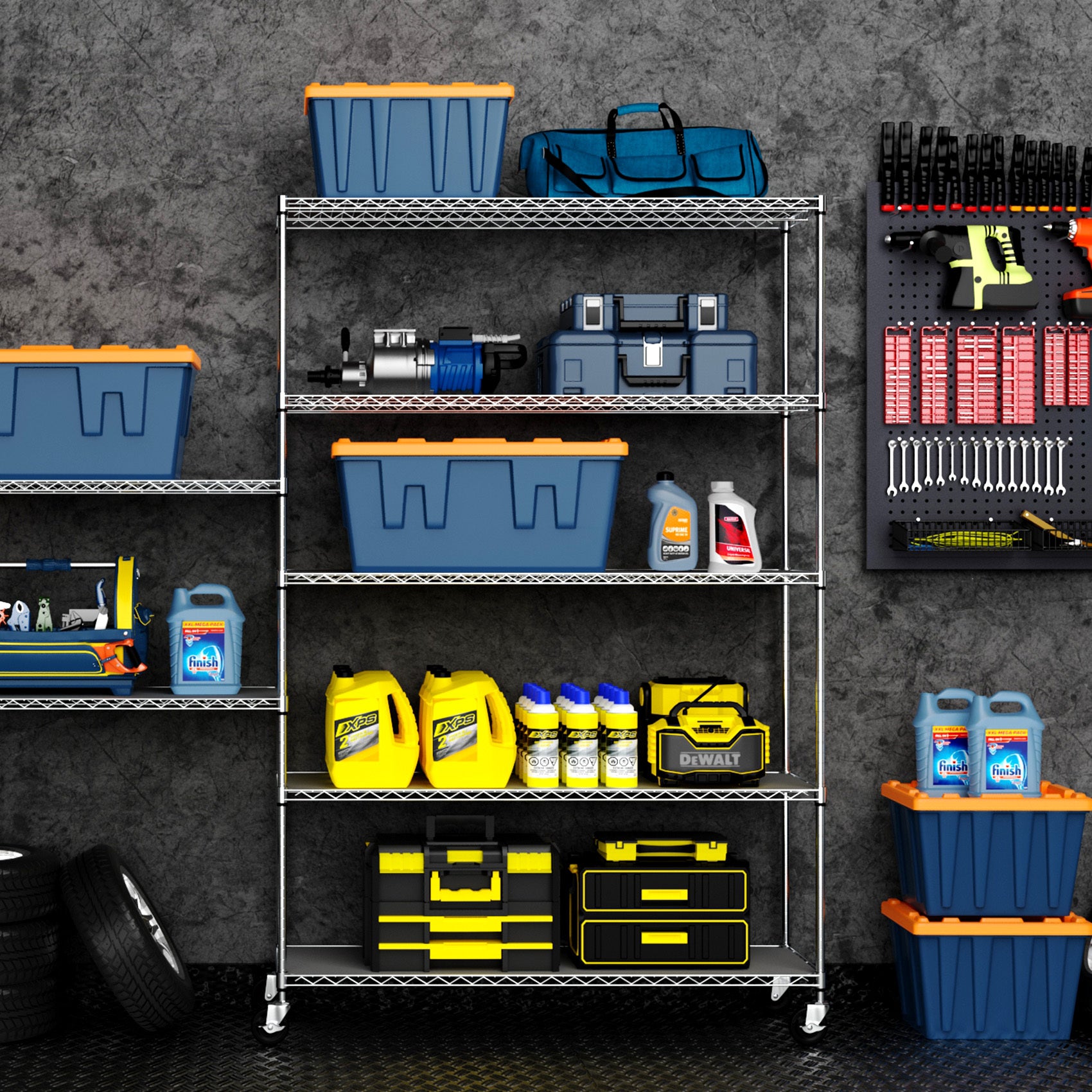 Heavy-Duty NSF Adjustable Wire Shelving Unit with Wheels & Shelf Liners for workshop, garage, storage, or utility use