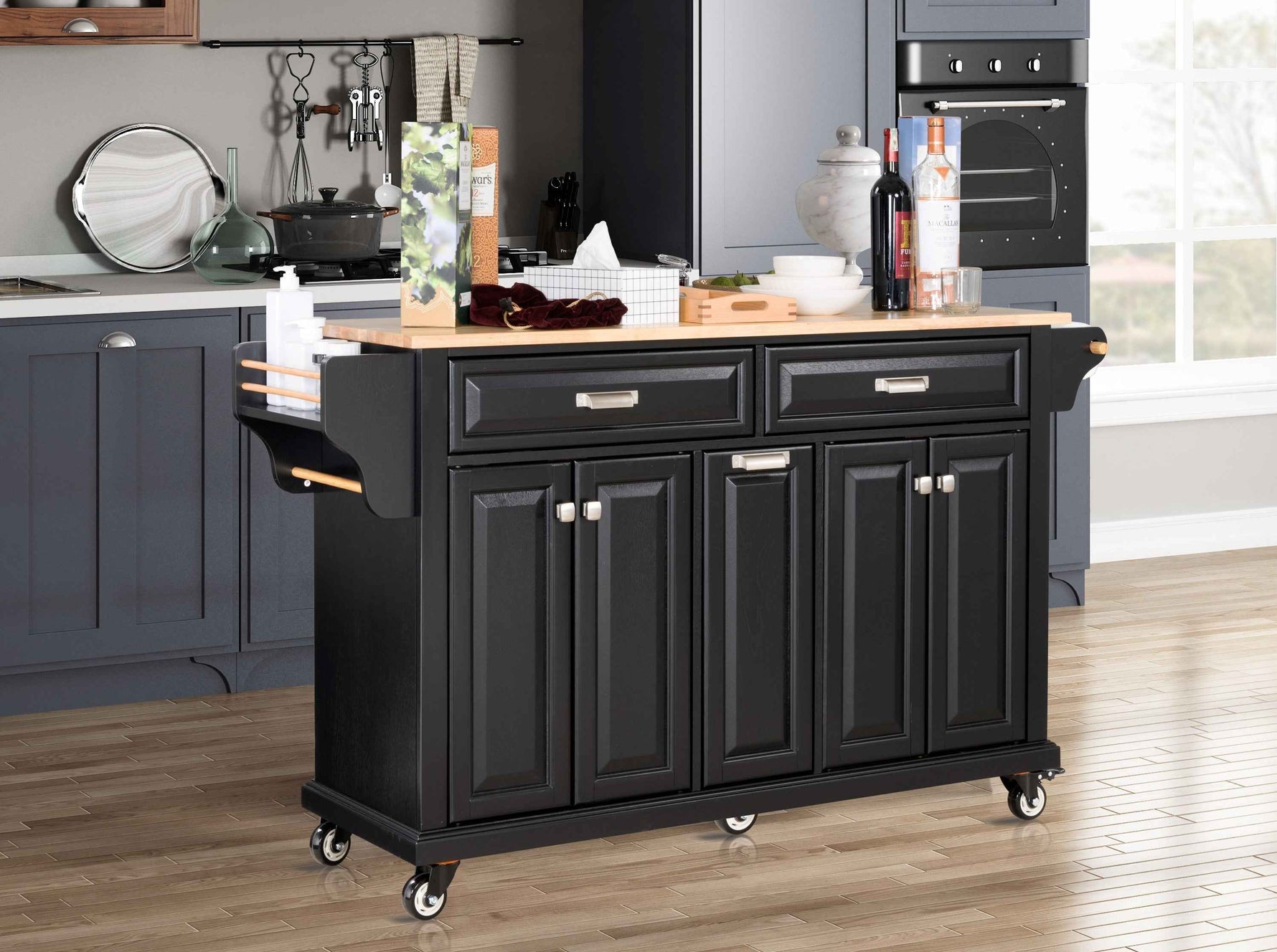 Rubberwood Drop-Leaf Kitchen Cart with 3 Drawers product view 13