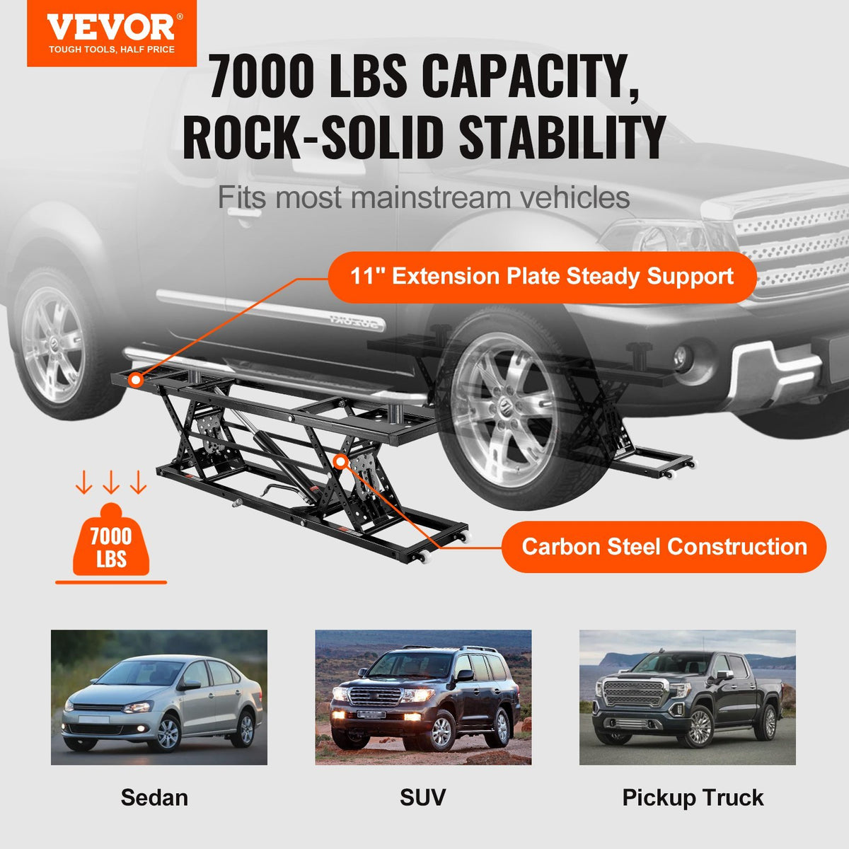 VEVOR 7,000 lb Portable Car Lift with Extended-Length Plates for workshop, garage, storage, or utility use
