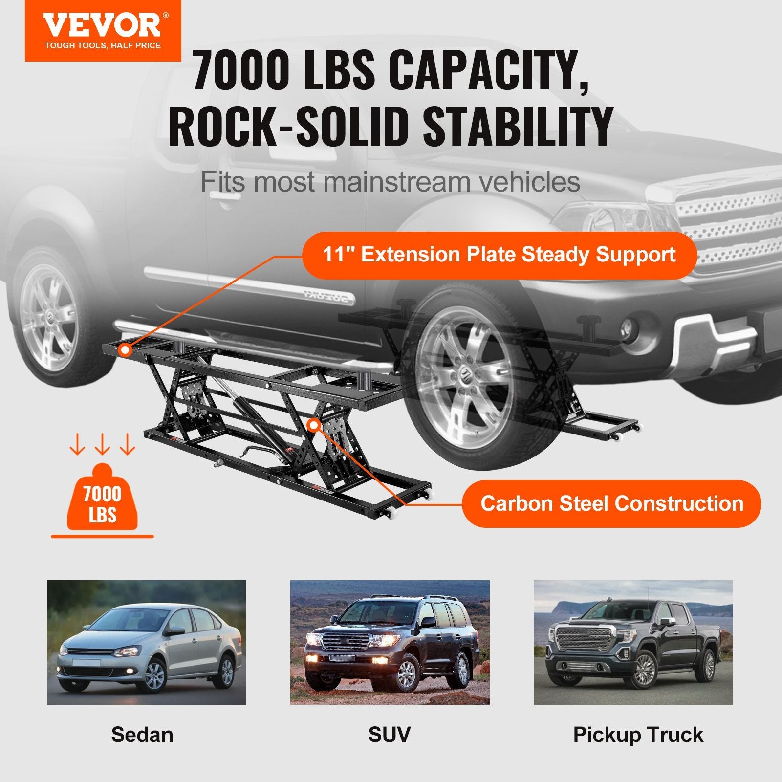 VEVOR 7,000 lb Portable Car Lift with Extended-Length Plates for workshop, garage, storage, or utility use