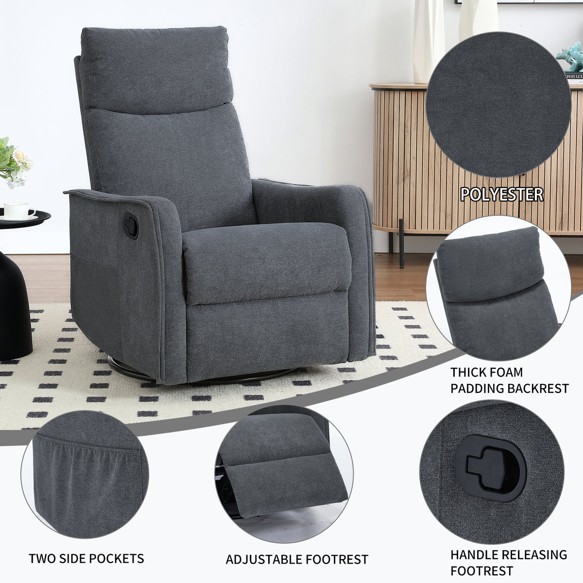 Heat Massage Manual Recliner Chair with Rocker and Swivel in Fabric for Living Room detail image 86