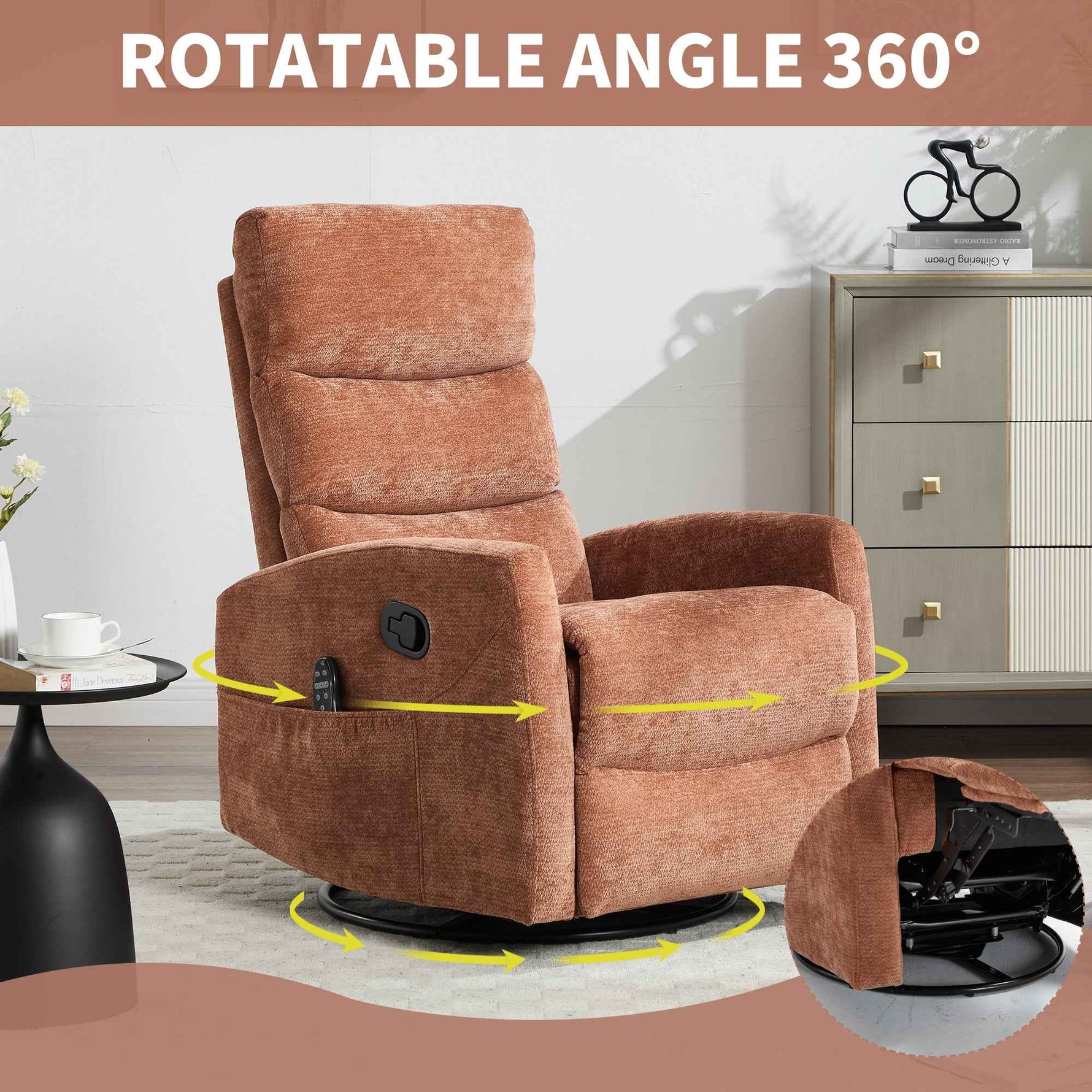 Heat Massage Manual Recliner Chair with Rocker and Swivel in Fabric for Living Room detail image 3