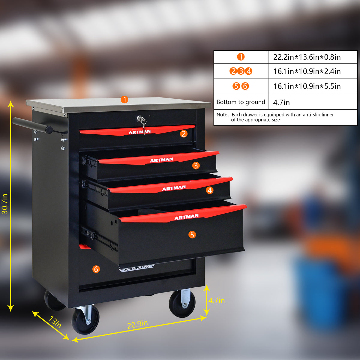 Rolling 5-Drawer Steel Tool Chest with Stainless Steel Top for workshop, garage, storage, or utility use