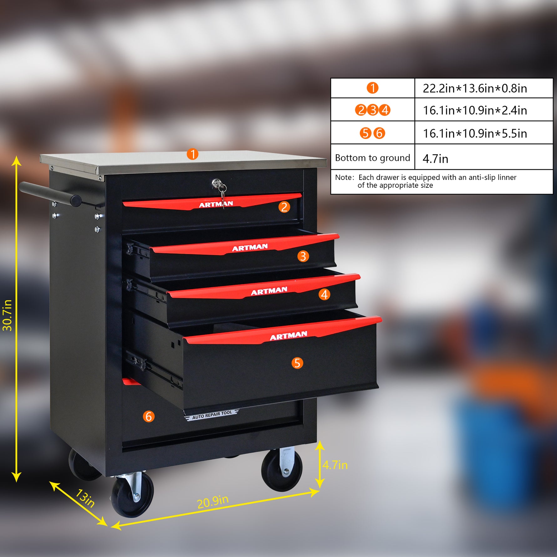 Rolling 5-Drawer Steel Tool Chest with Stainless Steel Top for workshop, garage, storage, or utility use