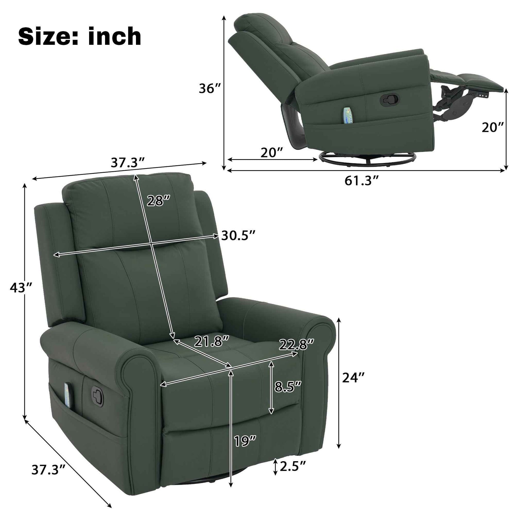 Modern PU Leather Manual Recliner Chair with 270° Swivel, Massage detail image 3