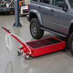 Low-Profile Rolling Oil Drain Pan with Manual Pump for workshop, garage, storage, or utility use