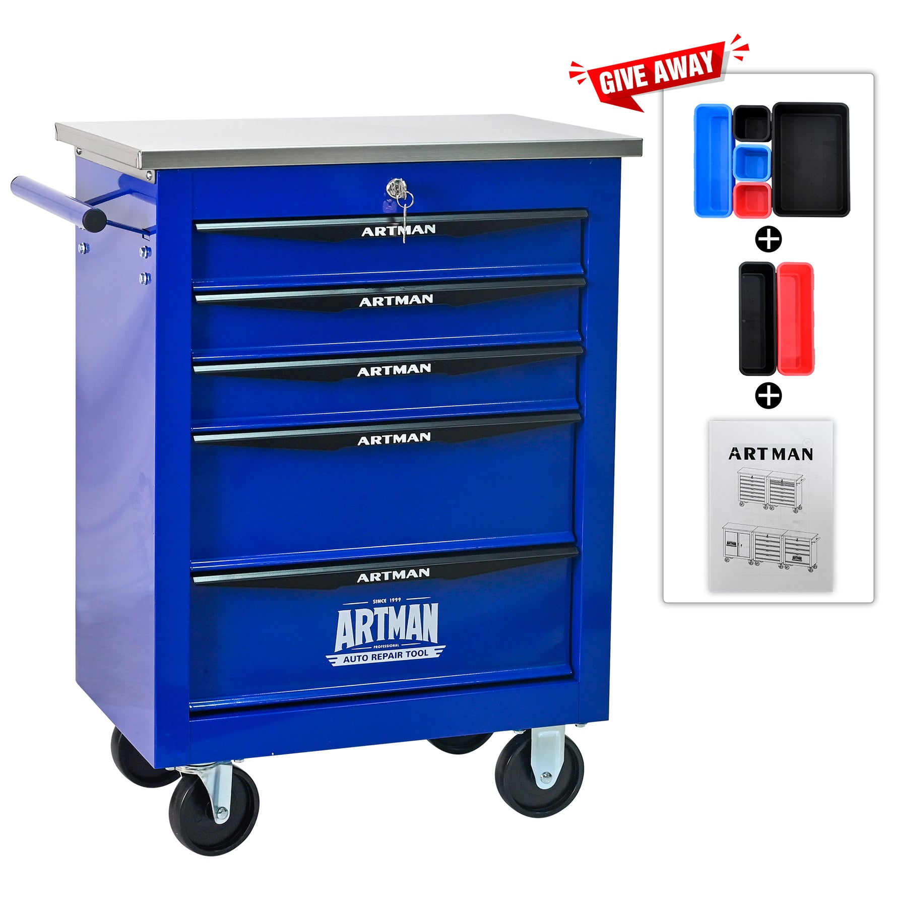 Rolling 5-Drawer Steel Tool Chest with Stainless Steel Top for workshop, garage, storage, or utility use
