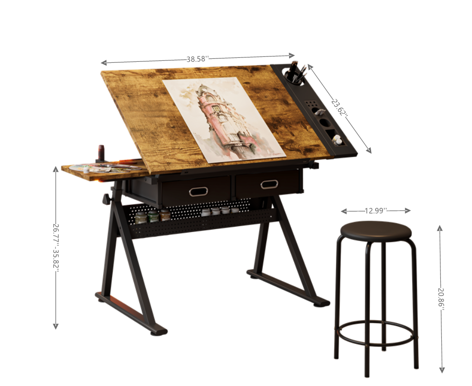 Hand Crank Adjustable Drafting Table with Drawers & Stool hobby and puzzle table