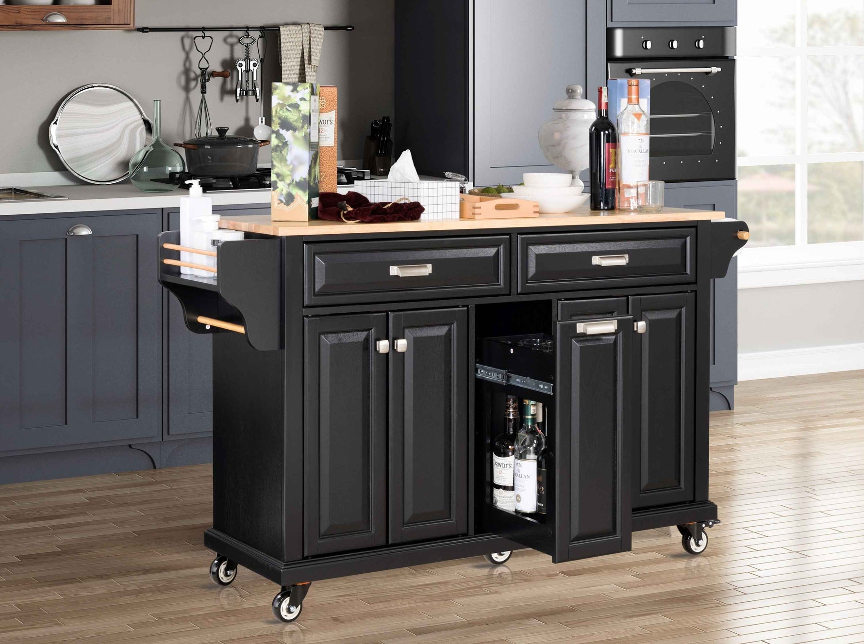 Rubberwood Drop-Leaf Kitchen Cart with 3 Drawers product view 21