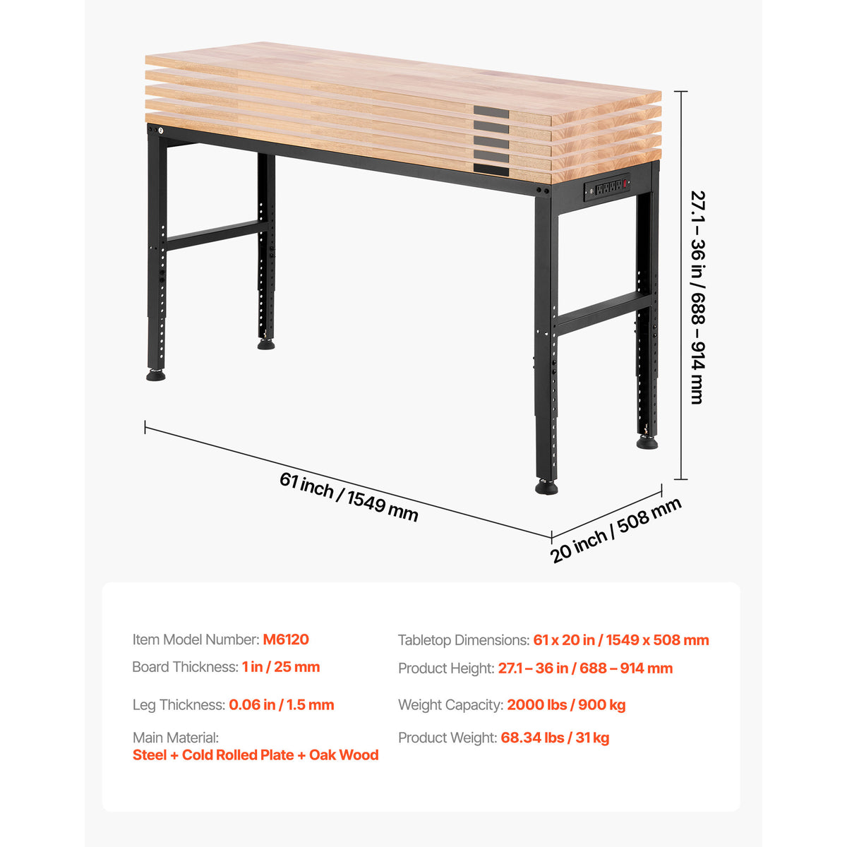 VEVOR Adjustable Height Hardwood Workbench with Power Outlets for workshop, garage, storage, or utility use