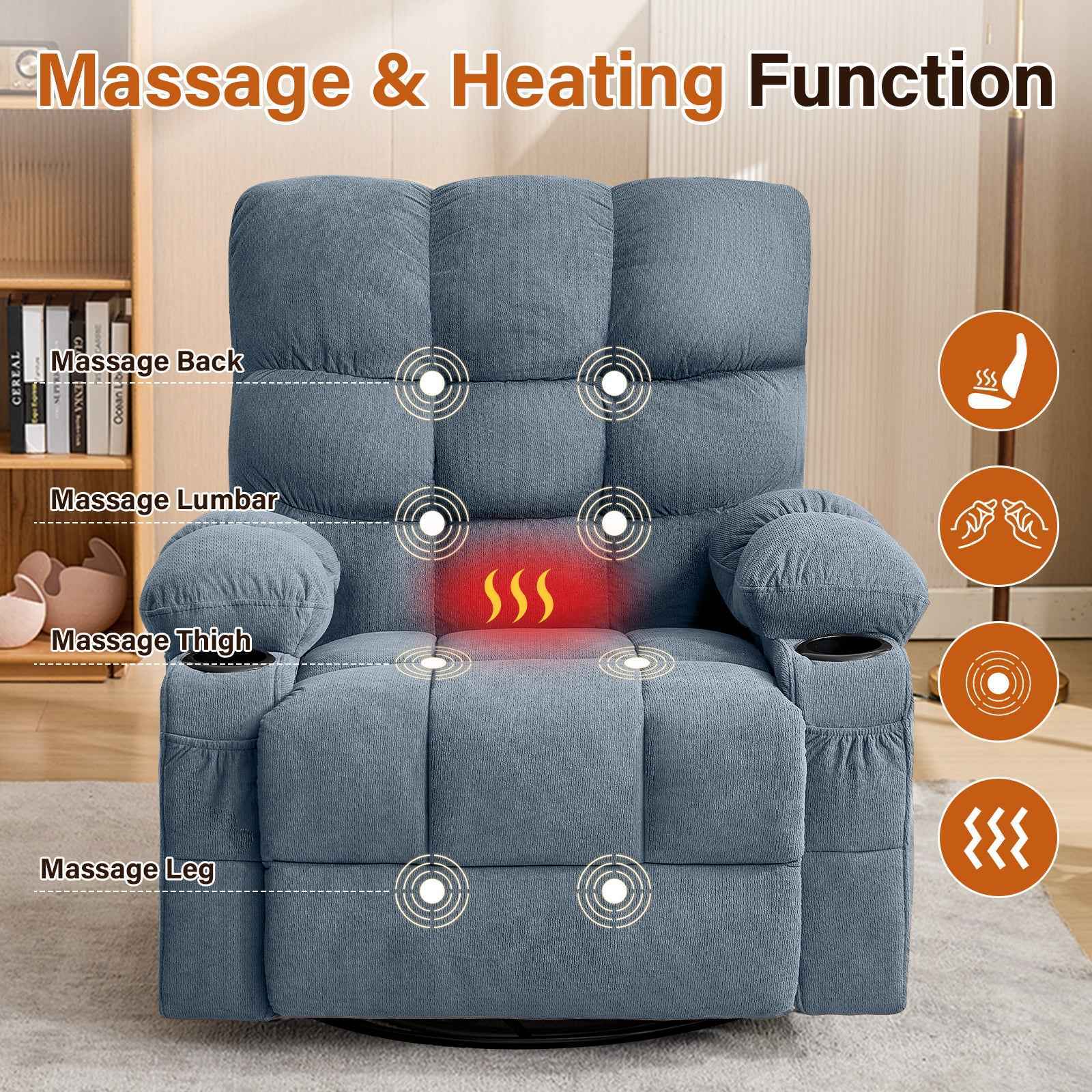 Massage Swivel Rocker Recliner Chair with Vibration, Lumbar Heating, Side Pocket detail image 3