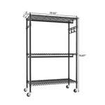Heavy Duty Rolling Clothes Rack with 3 Tier Shelves, 2 Rails & Side Hooks for workshop, garage, storage, or utility use