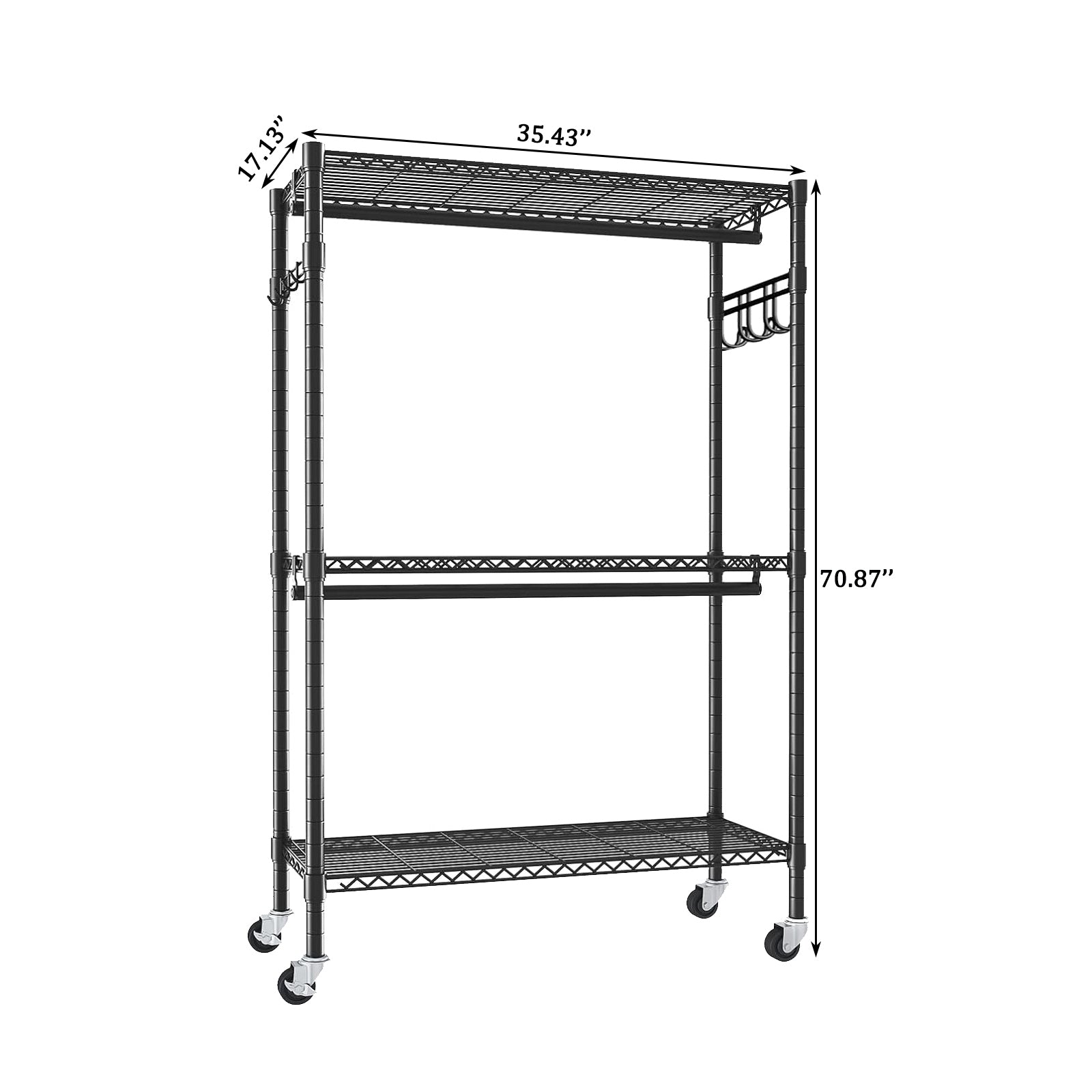 Heavy Duty Rolling Clothes Rack with 3 Tier Shelves, 2 Rails & Side Hooks for workshop, garage, storage, or utility use