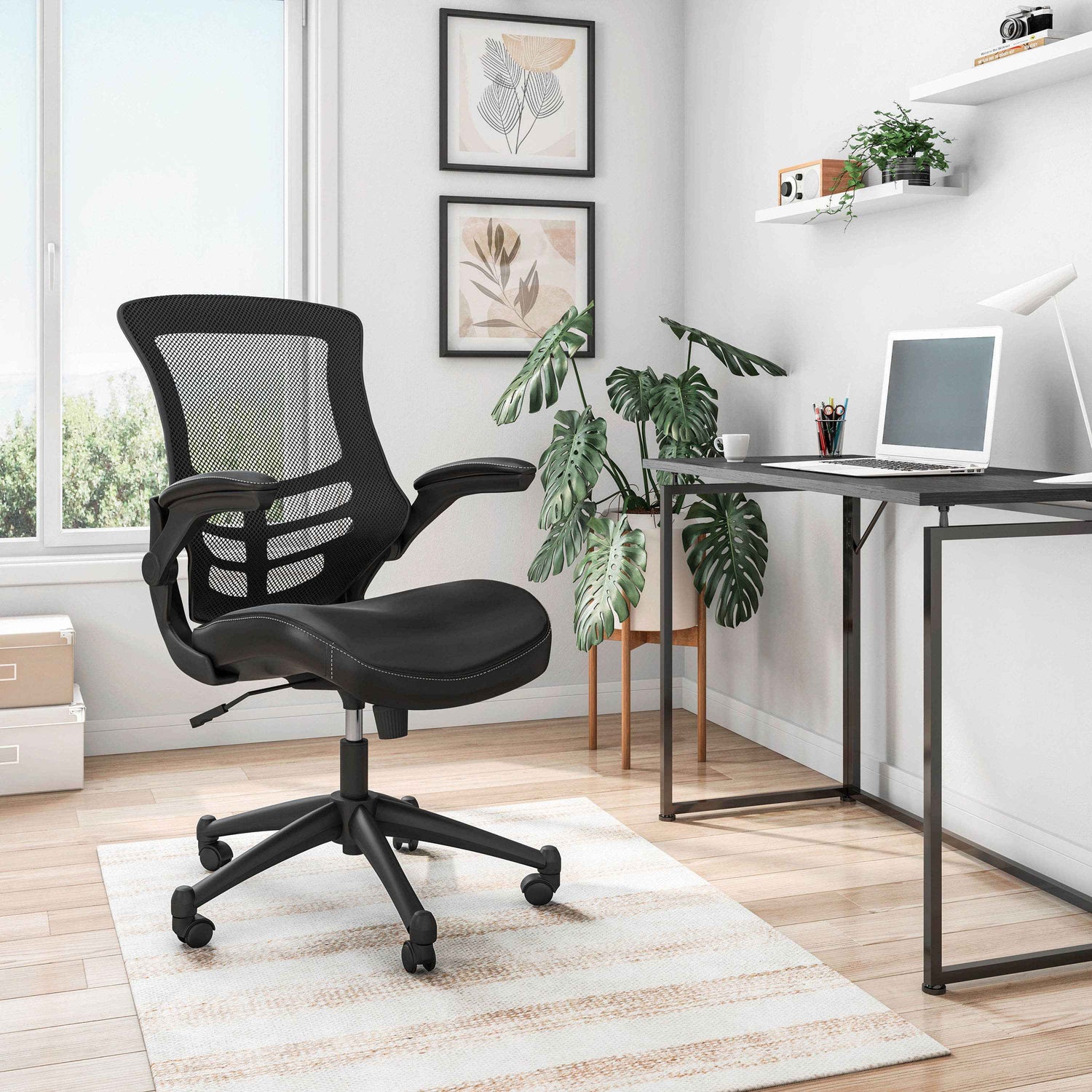 Techni Mobili Stylish Mid-Back Mesh Office Chair with Adjustable Arms, Black for home office seating